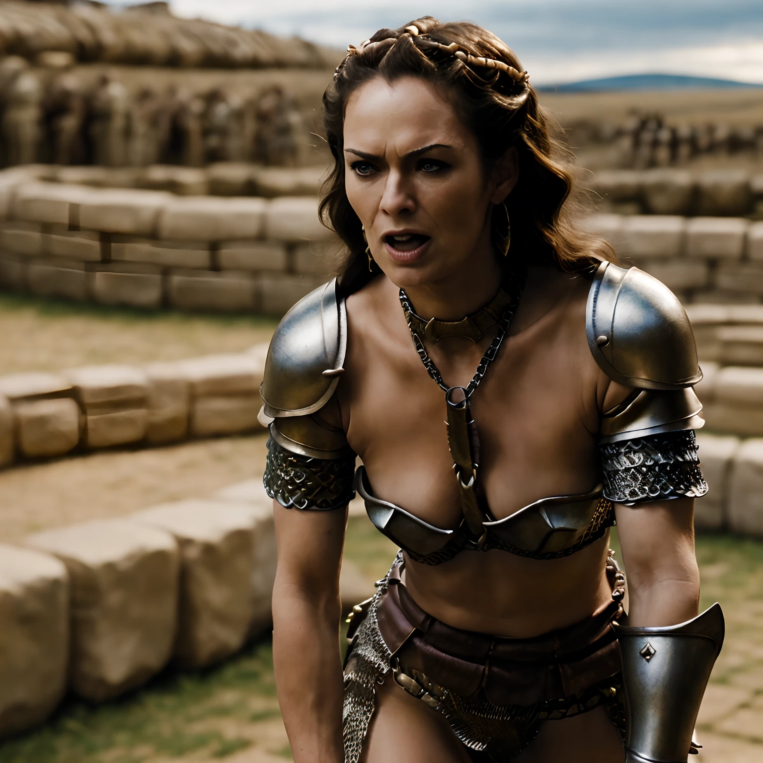 ((masterpiece, Best Quality)), 32K HDR, hight resolution, (Detailed face:1.15, Detailed texture:1.1), finely detailed skin, Sharp Focus, (Perfect slim body:1.1), (Cinematic lighting), Soft lighting, Dynamic Angle, 1girl in, (Princess Gorgo, movie 300-SMF), Solo, (armlet:1.1), Long hair, Black hair, Jewelry, (Ancient chain mail armor:1.3), (realistic magnificent ancient battle fields:1.5), (Bracelet:1.1, huge cleavage), (she has a realistic knight sword:1.3, fighting pose with anger face:1.45, full body shot:1.1),