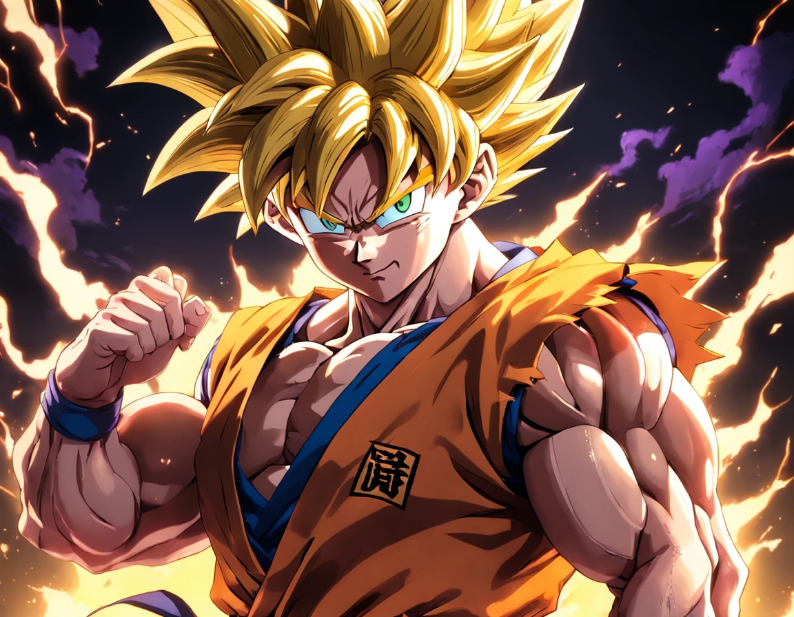 "(Goku como Yoshikage Kira), Perfect blend between two iconic characters, realistic and detailed animation style, lighting dramatic, Kira's signature costume with additional Goku details, pose intimidante, fundo escuro e misterioso, aura de poder marcante."