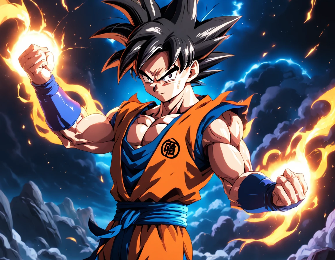 "(Goku como Yoshikage Kira), Perfect blend between two iconic characters, realistic and detailed animation style, lighting dramatic, Kira's signature costume with additional Goku details, pose intimidante, fundo escuro e misterioso, aura de poder marcante."
