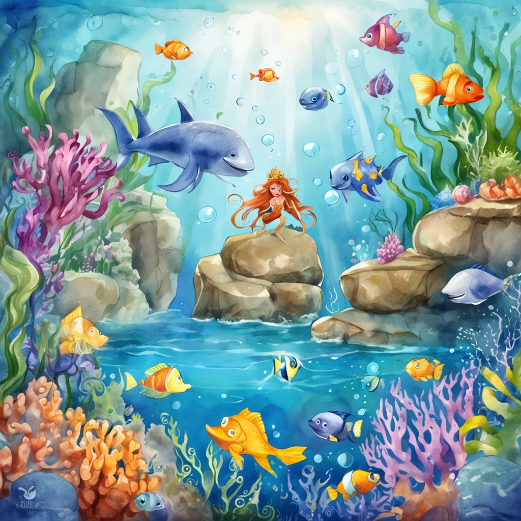 underwater world cartoon scene, undersea environment, high quality, masterpiece,inspired by the little mermaid movie, by disney ::n_ fish, shark, bubbles, ugly, deformed, noisy, blurry, distorted, grainy, ugly, deformed, noisy, blurry, distorted, grainy