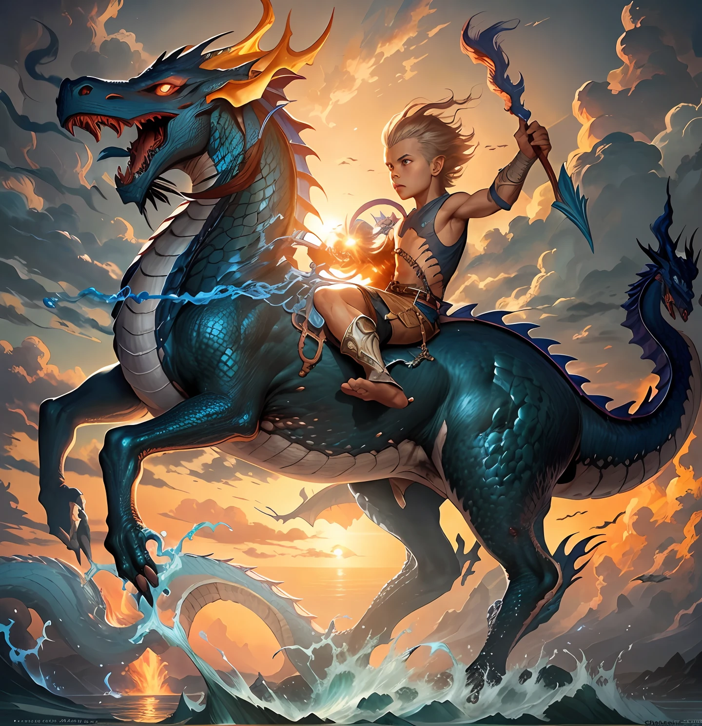 Close-up of a child riding a blue dragon on the beach, Dragon Rider, epic fantasy digital art style, Dragon Ride, by Yang J, Rob Ray, epic fantasy art style, Epic Fantasy Illustration, By Jeremy Chong, tithi luadthong, Ross Tran and Michael Whelan, fantasy art behance, by Bayard Wu, by Ryan Yee