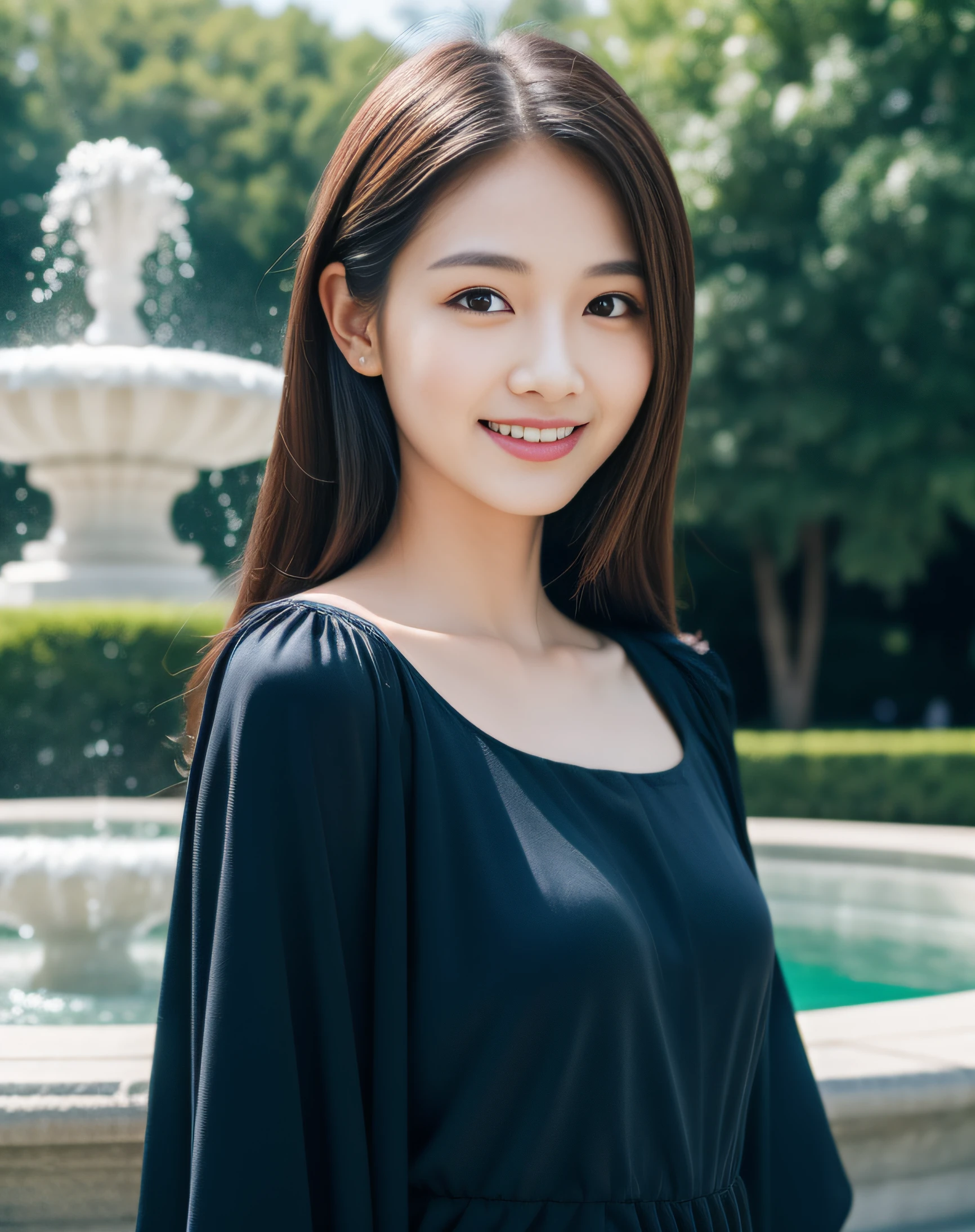 ((best quality, 8K, masterpiece: 1.3)), beautiful girl, pure, melon face, kind and cute, sweet smile, pure desire, slender body, (front), (tilted head), ((looking at camera) ), wearing a navy blue dress, black silky midium hair, long flowing shoulders, round black big eyes, clear big eyes, moist red lips, sweet, standing on front of the fountain, park background , (((whole body))),
