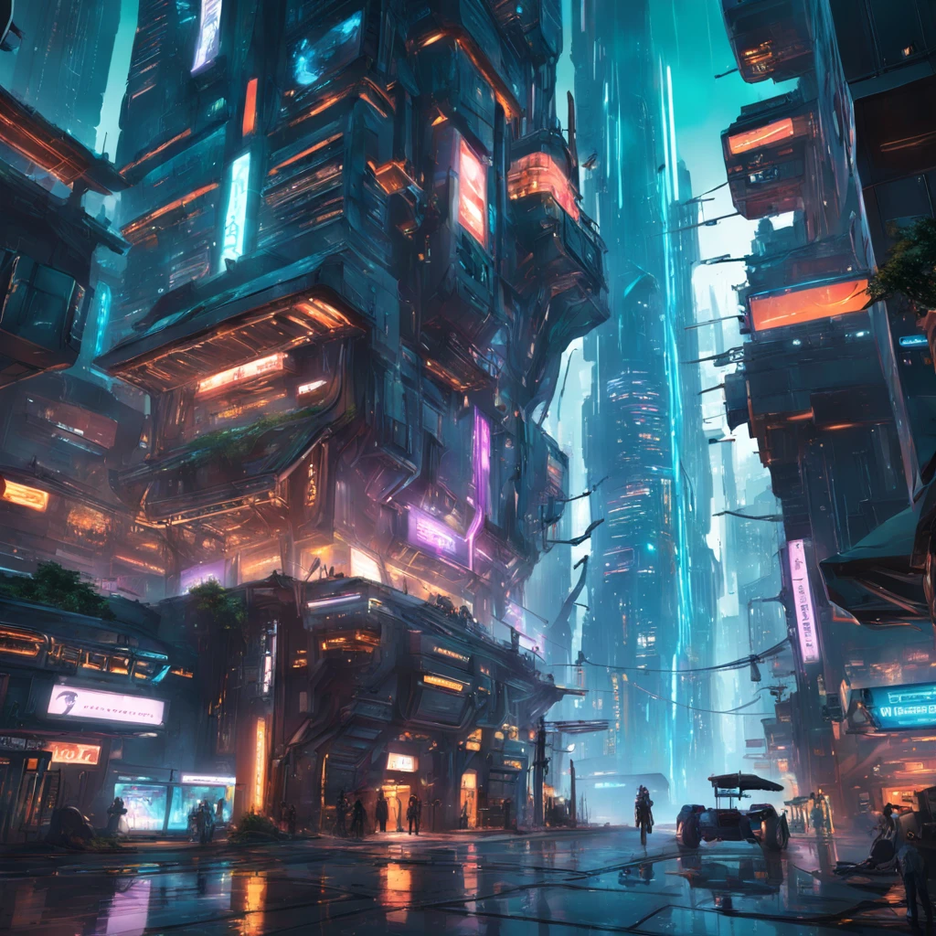 Cyberpunk city with tree building, detailed digital concept art, futurism environmental concept art, high quality digital sci-fi concept art, beautiful 3 d concept art Hollywood, award winning concept artist, concept art wallpaper 4k, fantasy digital painting, cyberpunk,bastien grivet, ross tran. Sci-fi background, concept art |weta Art's  beautiful concept art. Sony mirrorless camera shot ,