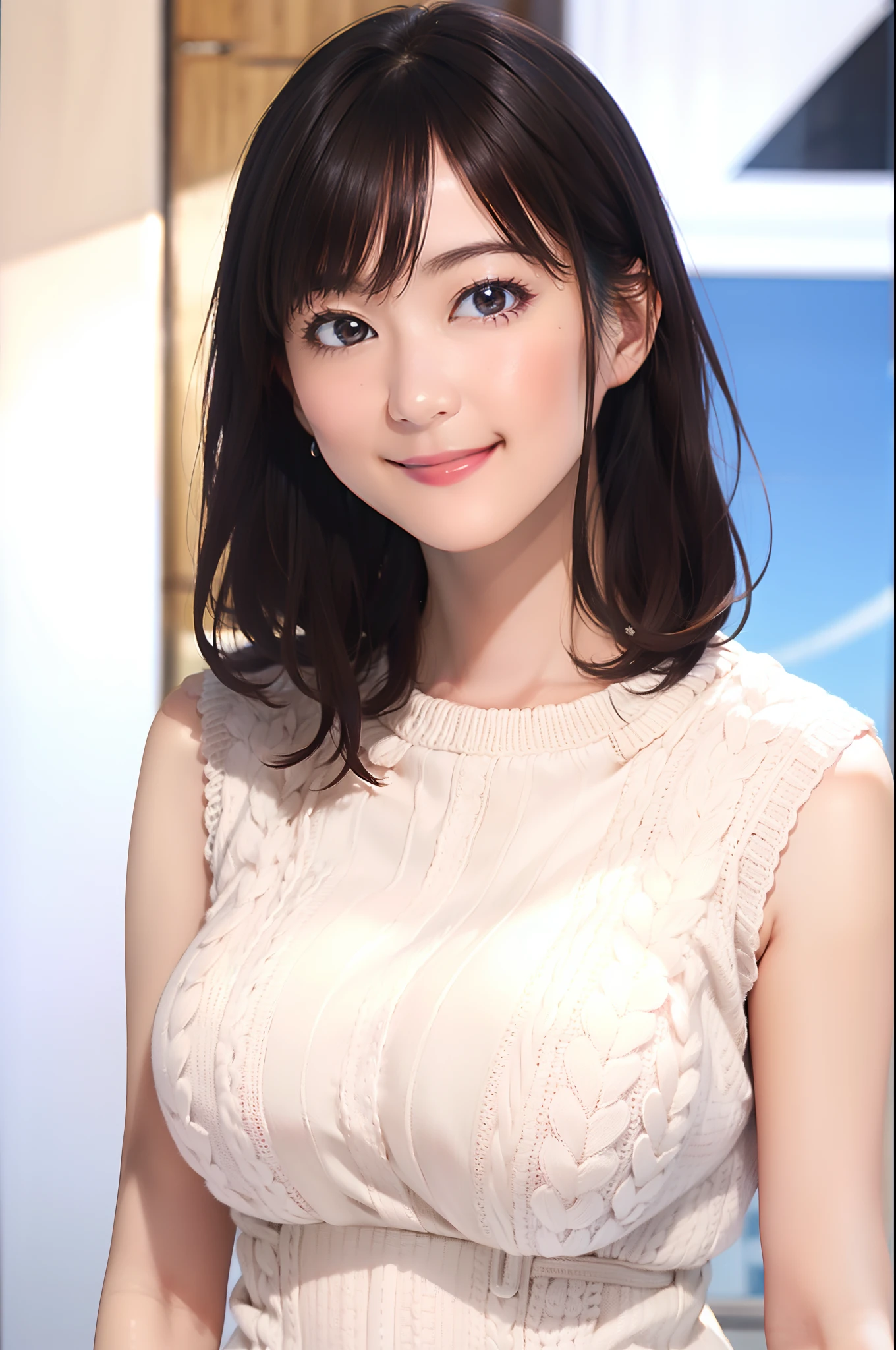 (absurderes), hight resolution, ultra-detailliert, Beautiful face, Big breasts, Huge breasts, Wearing a white knitted dress, (Sleeveless), Smile Face, Staring at me