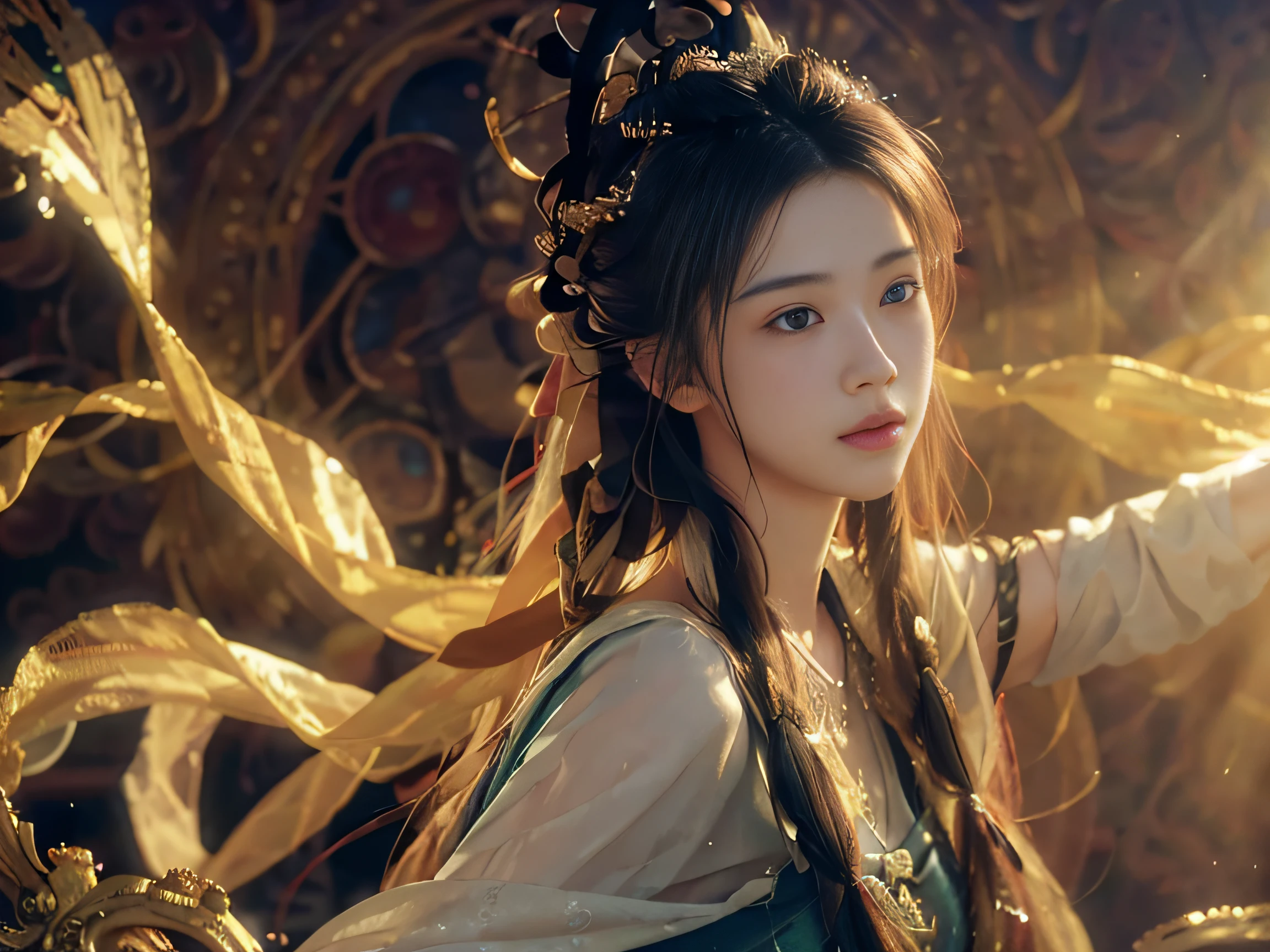 (RAW photo, best quality), (realistic, photo-realistic:1.3),best quality,highly detailed,masterpiece,ultra-detailed,illustration,1girl,upper_body,dynamic angle,world masterpiece theater,messy_long_hair,best quality,extremely detailed CG unity 8k wallpaper,ink,Amazing,cinematic lighting,lens_flare, dunhuang_style