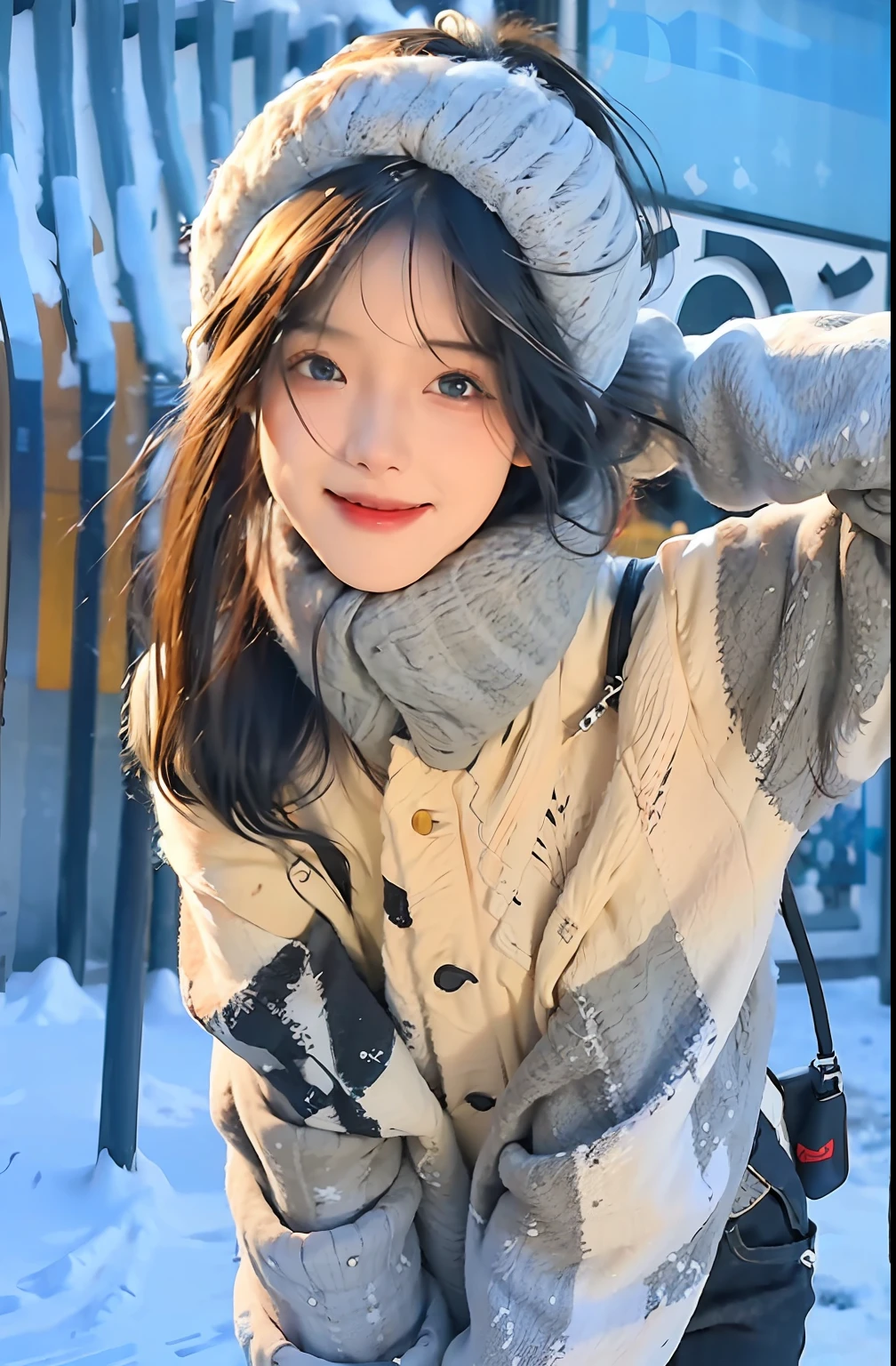 best quality, masterpiece, photo realistic, intricate details, raw photo, photon rendering, octane render, absurdres, ultra detailed, detailed face, detailed skin, trending on artstation, 8k masterpiece, cinematic lighting, ( (1 man)),((solo)),((looking_at_viewer)),trending on cg society,plasticien,((black short hair)),((beautiful woman)),(Smile)warm shirt, woollen cap, Black jeans,white boots, lingerie, underwear,((winter street))((snow)),((sexy)),wind blowing hair, ((flowing hair)),happy,winter fashion