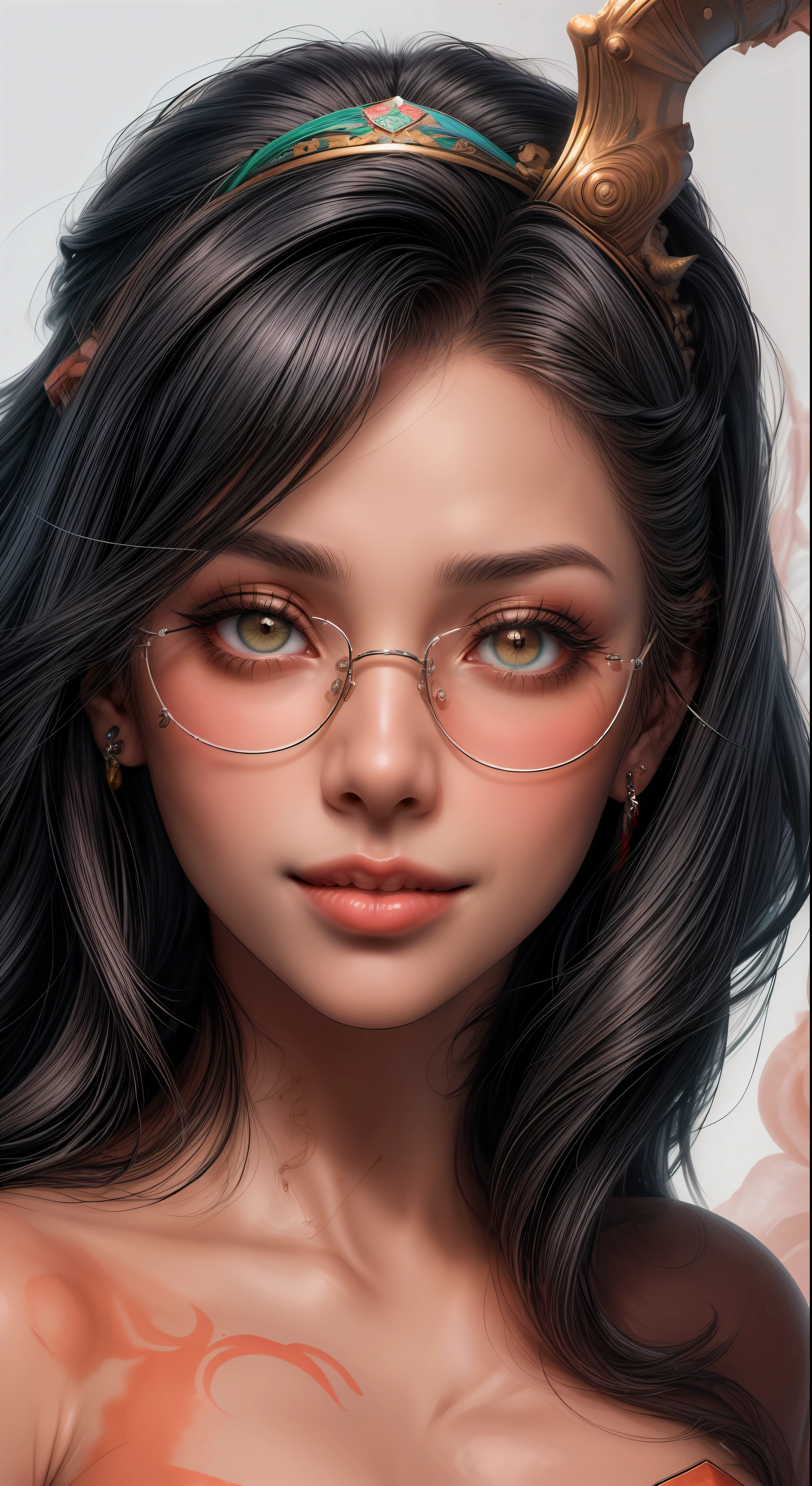 1close up de um garota ,cabelo curto cacheado ruivo, sorrindo,com tatuagens no rosto, fleshy lips,sardas no rosto ,batom vermelho,Pirataria, brinco, glasses and makeup, Angle of the face up close