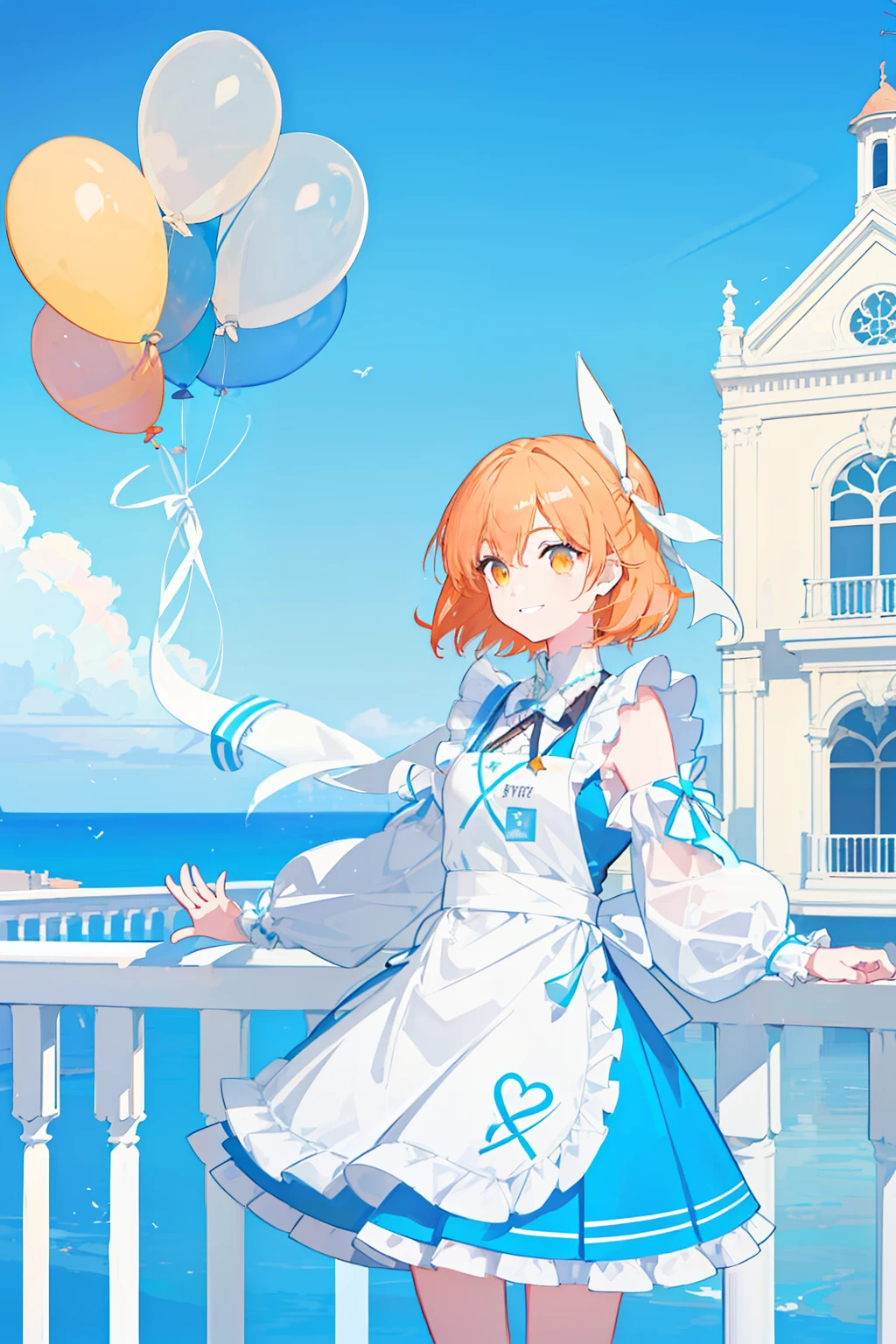 masterpiece, best quality, 1girl, solo, ((orange hair)), short hair, shoulder-length hair, straight hair, ((orange eyes)), round eyes,, (((cyan apron dress))), ((long sleeves)), ((frilled)), (ribbons), knee-length dress, frills, ((((white ribbon hair band)))), On the roof of a building, leaning against the fence on the roof, (with one's arms resting on the railing), overlooking the road, as close as it might fall in the noon, blue sky, clear sky, ((full of balloons in the air)), laughing, smiling, seeing a viewer, ((detail face))