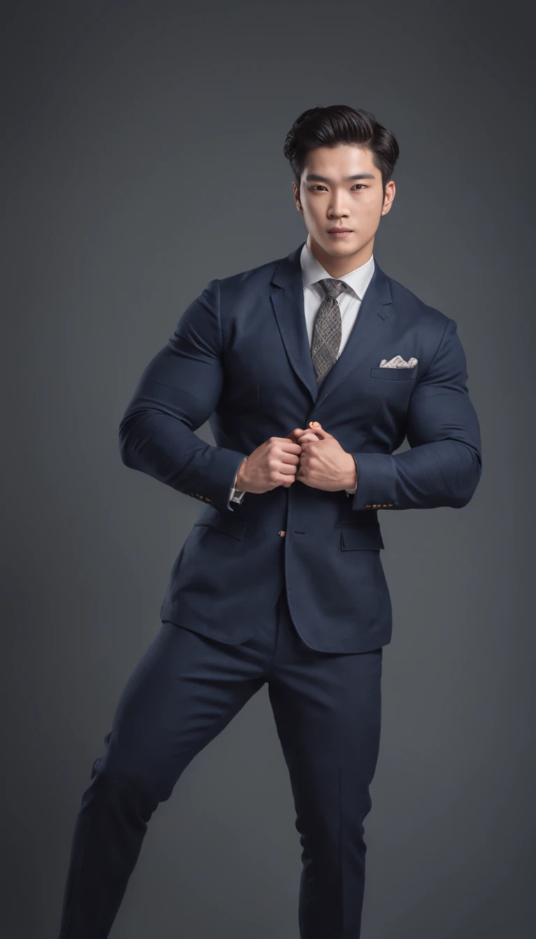 Asia man gymer wearing navy suit , big muscle, height 190 cm, big shoulder, big muscle foot, (draww eye detail), (realestic)