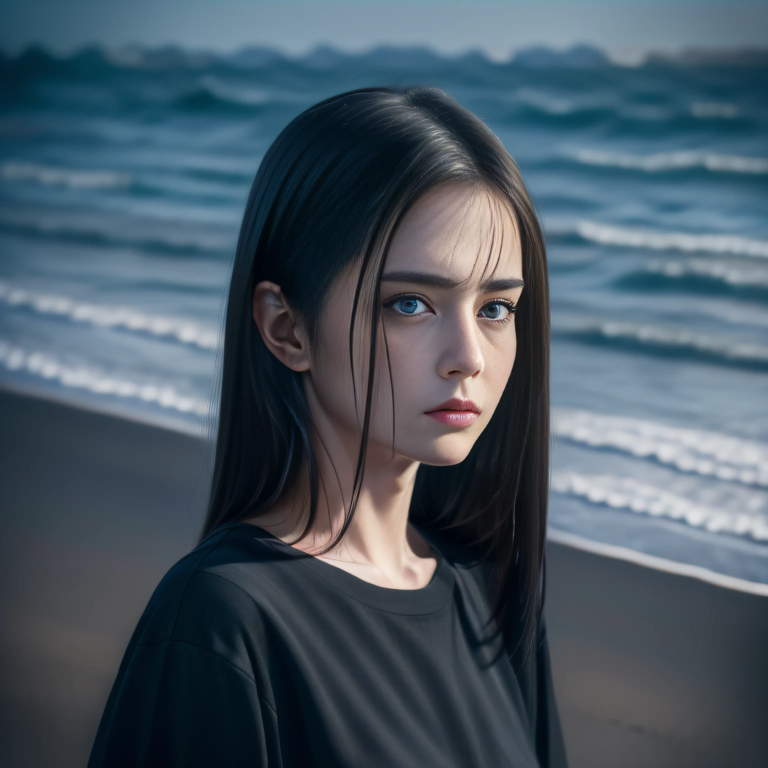 (Best Quality, 8k, 32k, Masterpiece, UHD:1.3), A 20 year old girl with straight long bang black hair, big dark blue eyes, and a perfect oval face, rendered in a photorealistic style with sharp edges and a sad atmosphere, standing on the seaside with a loose black shirt.
