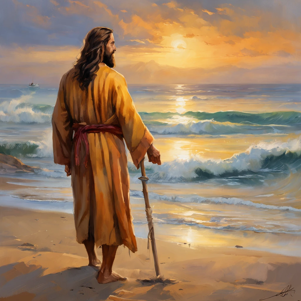 Jesus Christ standing on the beach, olhando para o horizonte do mar. He wears a white tunic with a golden band at the waist. His face has an expression of peace and wisdom. The wind swings her long light brown hair. At his side is one of his disciples, olhando admirado para Jesus. The disciple has dark hair and beard. Both are barefoot on the soft sand. The sky at dusk is in orange and purplish hues. The sea is calm with gentle waves. The water reflects the light of the sunset in golden tones. The scene conveys tranquility and connection with nature. It is photographed with soft focus, cores vibrantes e profundidade., Thick fog on the ground, Luz azul no horizonte, Motor Unreal 5, cinemactic, Low-angle photography, motion blur, profundidade de campo, dust, Cobblestones and dirt. Arte Splash, pingando tinta. Perfect color classification. influenciado por karel Appel e jeremy mann, Full of dramatic and threatening scenes, hiper-detalhado, Beautiful, detalhes insanos, detalhes intrincados, fotografia editorial, Fotografado com uma lente de 50mm, profundidade de campo, Tilt Blur, velocidade do obturador 1/1000, F/22. Mapas de luz, super brilhante