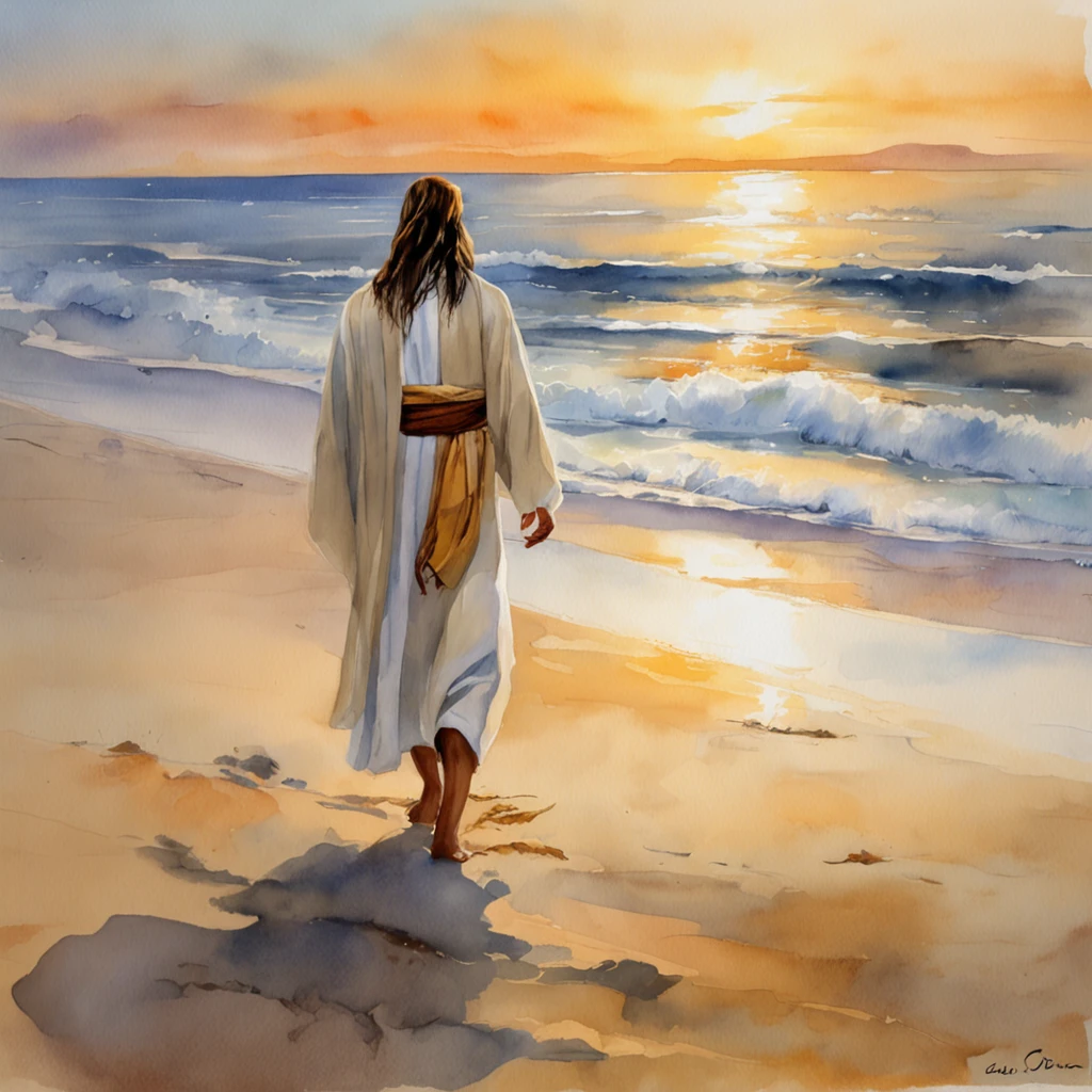 Jesus Christ standing on the beach, olhando para o horizonte do mar. He wears a white tunic with a golden band at the waist. His face has an expression of peace and wisdom. The wind swings her long light brown hair. At his side is one of his disciples, olhando admirado para Jesus. The disciple has dark hair and beard. Both are barefoot on the soft sand. The sky at dusk is in orange and purplish hues. The sea is calm with gentle waves. The water reflects the light of the sunset in golden tones. The scene conveys tranquility and connection with nature. It is photographed with soft focus, cores vibrantes e profundidade., Thick fog on the ground, Luz azul no horizonte, Motor Unreal 5, cinemactic, Low-angle photography, motion blur, profundidade de campo, dust, Cobblestones and dirt. Arte Splash, pingando tinta. Perfect color classification. influenciado por karel Appel e jeremy mann, Full of dramatic and threatening scenes, hiper-detalhado, Beautiful, detalhes insanos, detalhes intrincados, fotografia editorial, Fotografado com uma lente de 50mm, profundidade de campo, Tilt Blur, velocidade do obturador 1/1000, F/22. Mapas de luz, super brilhante