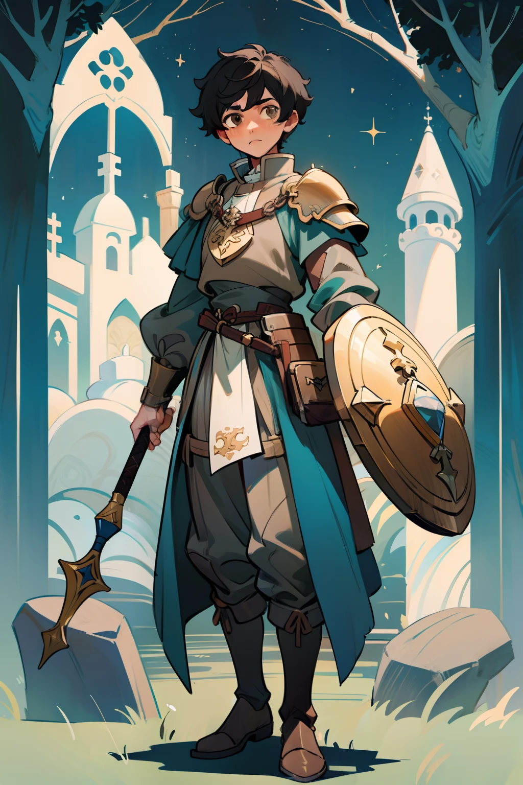 ((Obra maestra - Ilustraciones - Detallado - Mejor calidad)) - Anime style - Genshin impact style - 1 male - full body - male - black hair - brown eyes - cleric - medieval mace - hand - large shield - arm - white tunic - blue clothing - plate armor - boots - golden ornaments - forest - standing - stone path - fence - stone - broken