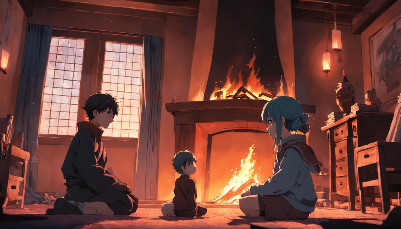 boy talks with his father by the fireplace