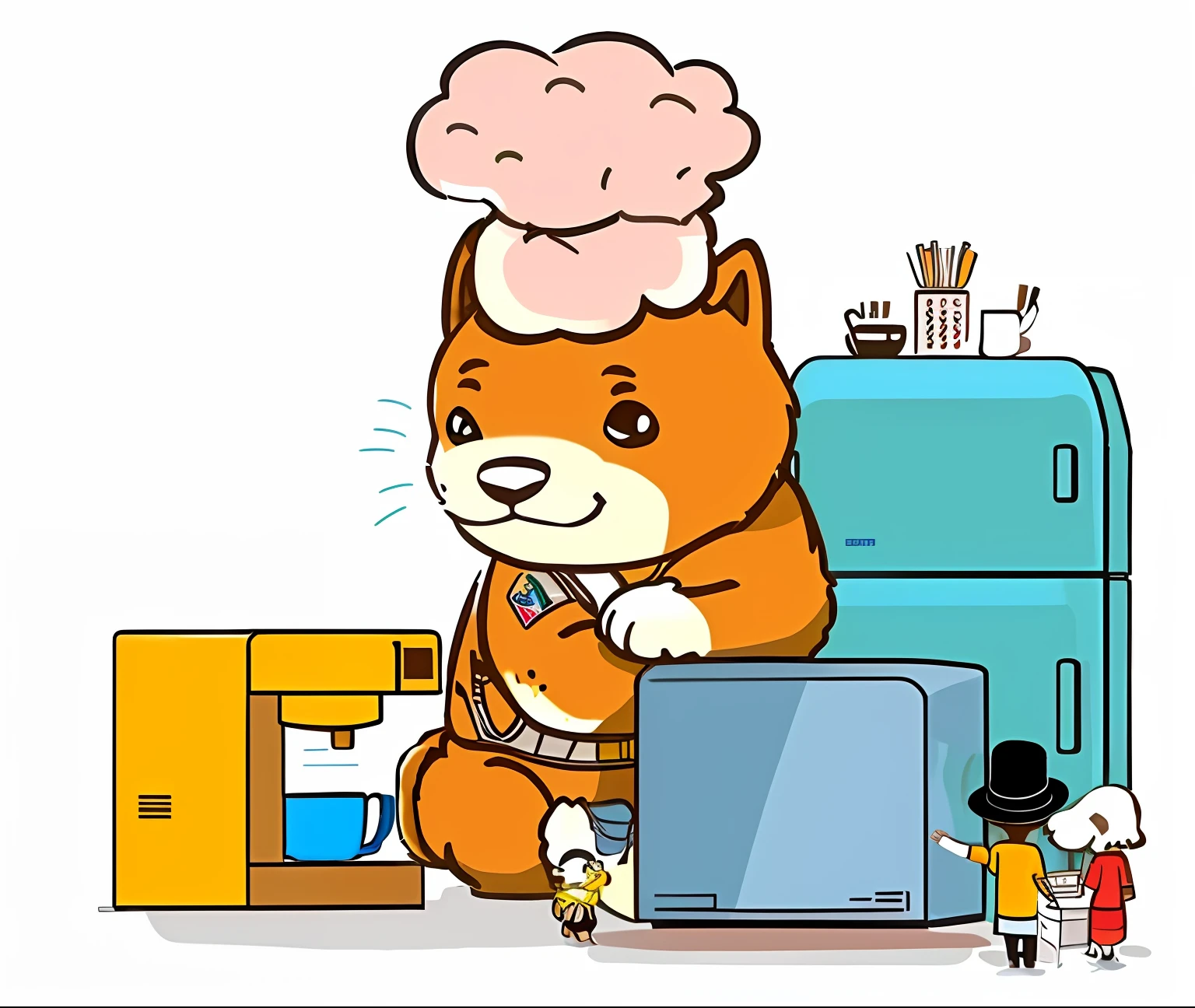 A huge dog sits on the floor，In the reading brain, Refrigerator，coffee machines，A group of people microwave and line up for hot meals，large view