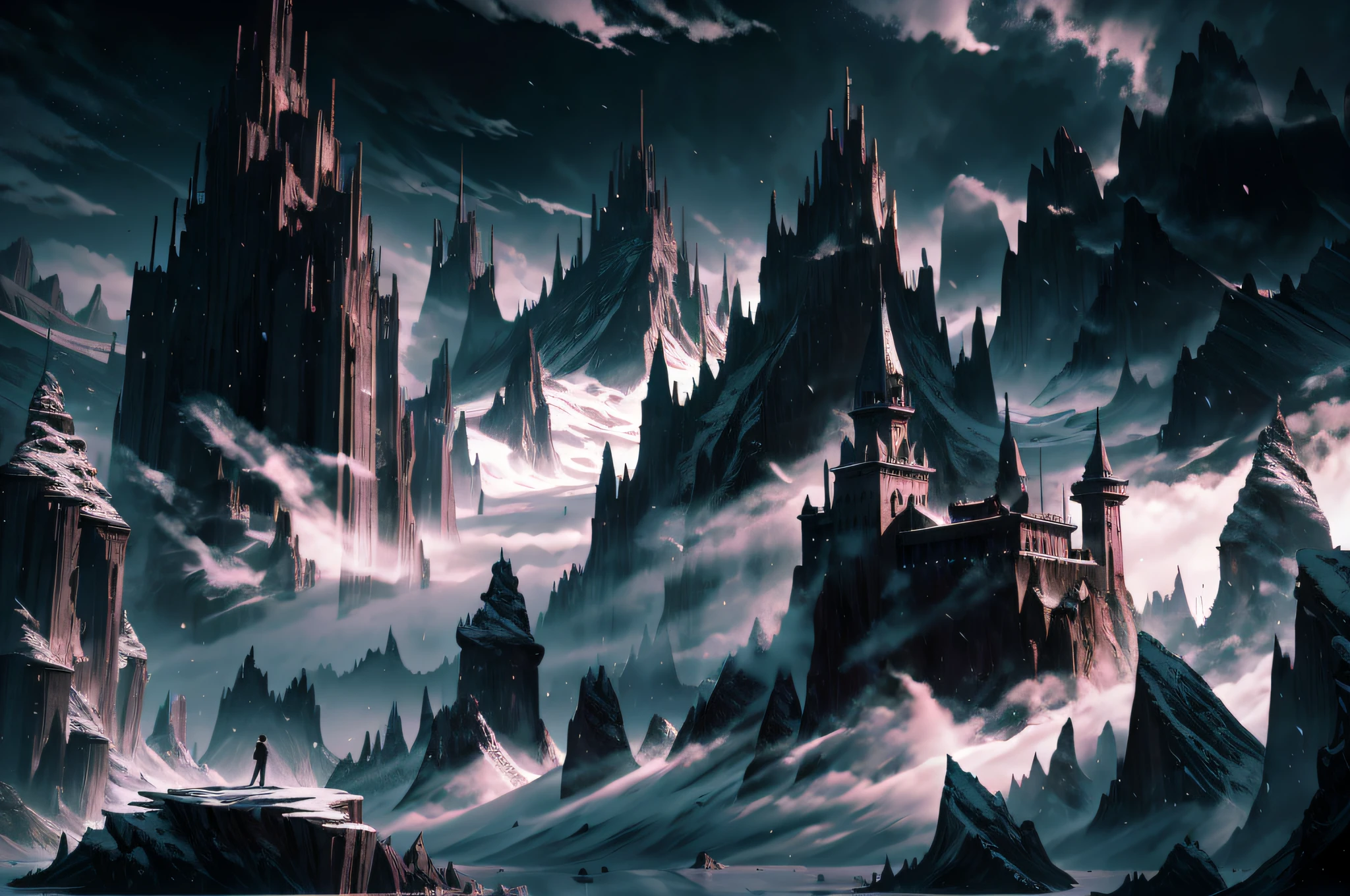 (Very detailed CG unity 8K wallpaper),(Best quality at best),Black tones,The background of the ink painting style is a distant mountain that is hazy and empty,The character is centered,A young man,Black flowing cloak,The character is small in the lower right corner,Fog surrounds