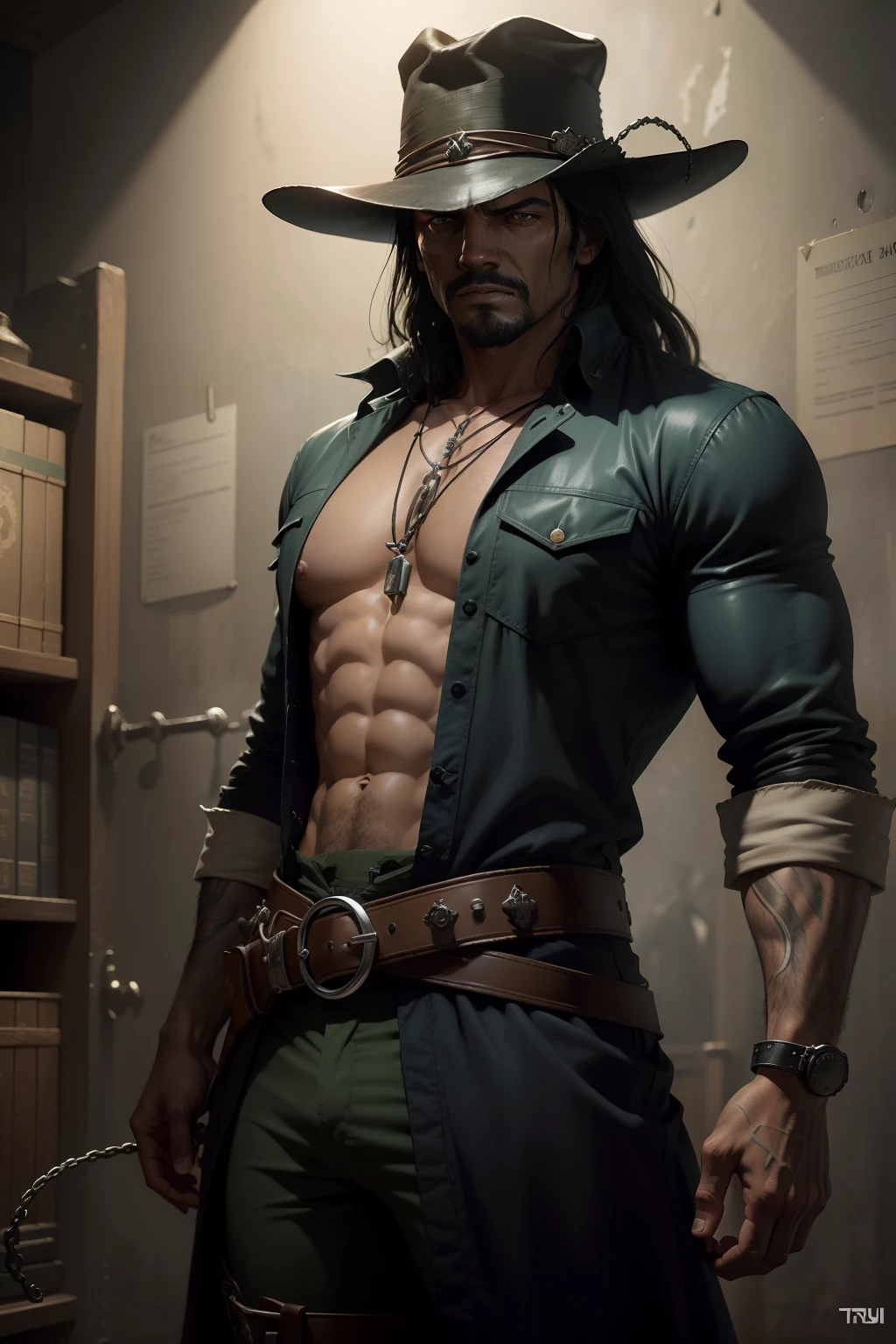 pintura de um homem, olhos abertos, olhos verdes esmeralda, olhos detalhados Escuro, chains on the wrists, handcuffed on hands, prison background, cinematic prison cell, preso,o realista Solomon Kane, as a solomon kane, portrait of a bloodborne hunter, Tim Bradstreet, Arte Sangrenta, oeste estranho, Jessé McCree, Directed by: Hiroyuki Tajima, terras mortas, Pistoleiro, Fazer software, Directed by: Yoshihiko Wada, Leiji Matsumoto, Estilo de arte Red Dead Redemption
