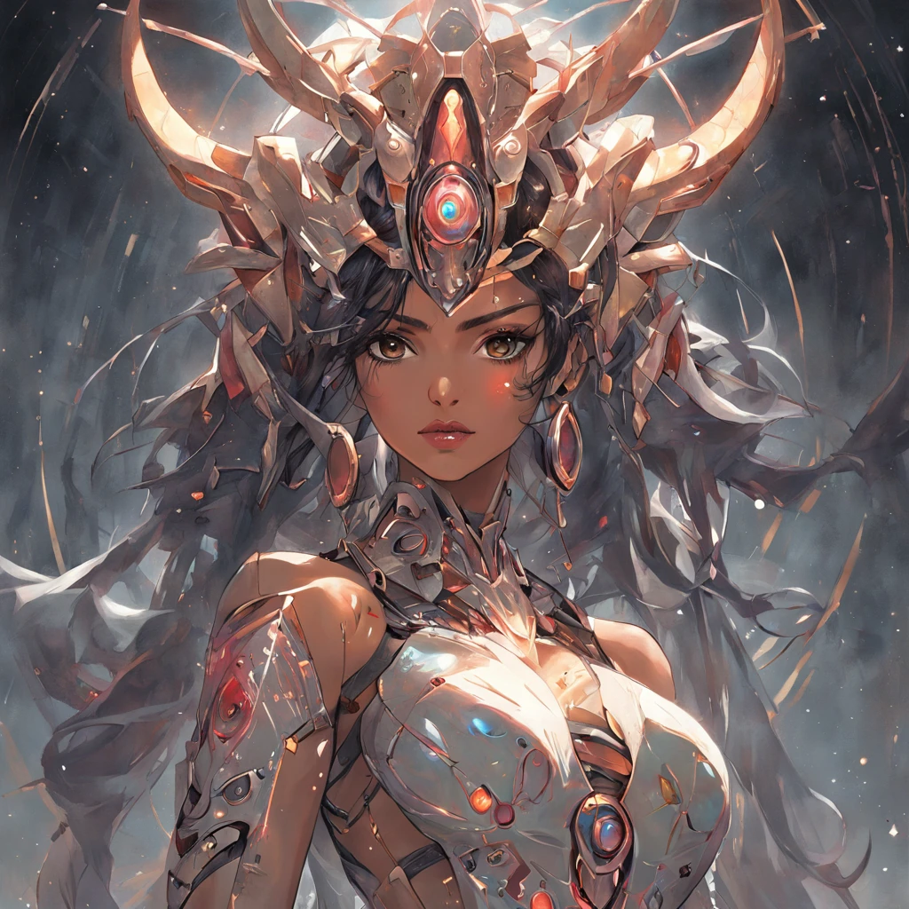 futuristic indigenous futurism,actress priyanka chopra as An advanced cybernetic cyborg indian Hindu goddesses of war, sensuality,artistic details,cyberpunk hindu mythology,epic sci-fi fantasy, centered,in the style of Nick Alm fantastical futuristic fantasy compositions, dark prism, dark, metallic compositions, symmetrical arrangements, cybernetic ethereal iridescent metallic colors , distinctive noses, ethereal,blood splatter colorful, eye-catching metallic compositions, symmetrical geometry, distinctive noses, gothic references, with a bold lines and streaks of black,white,red, gold and silver, fantasy sci-fi art, a detailed painting, ,Alex Alemany merge Karol Bak
