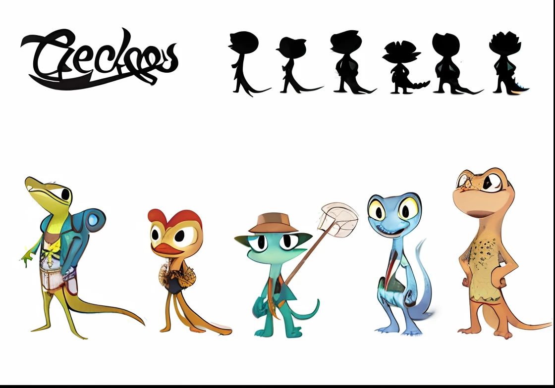 A group of cartoon characters with different poses and expressions, anthro gecko, Official concept art, style of greg simkins, Brian Kessinger, pixar character design, pixar cute character design, gecko, several character designs, Animated character design, very stylized character design, trending on character design, character design, inspired by Gregorius Sickinger, animated character design
