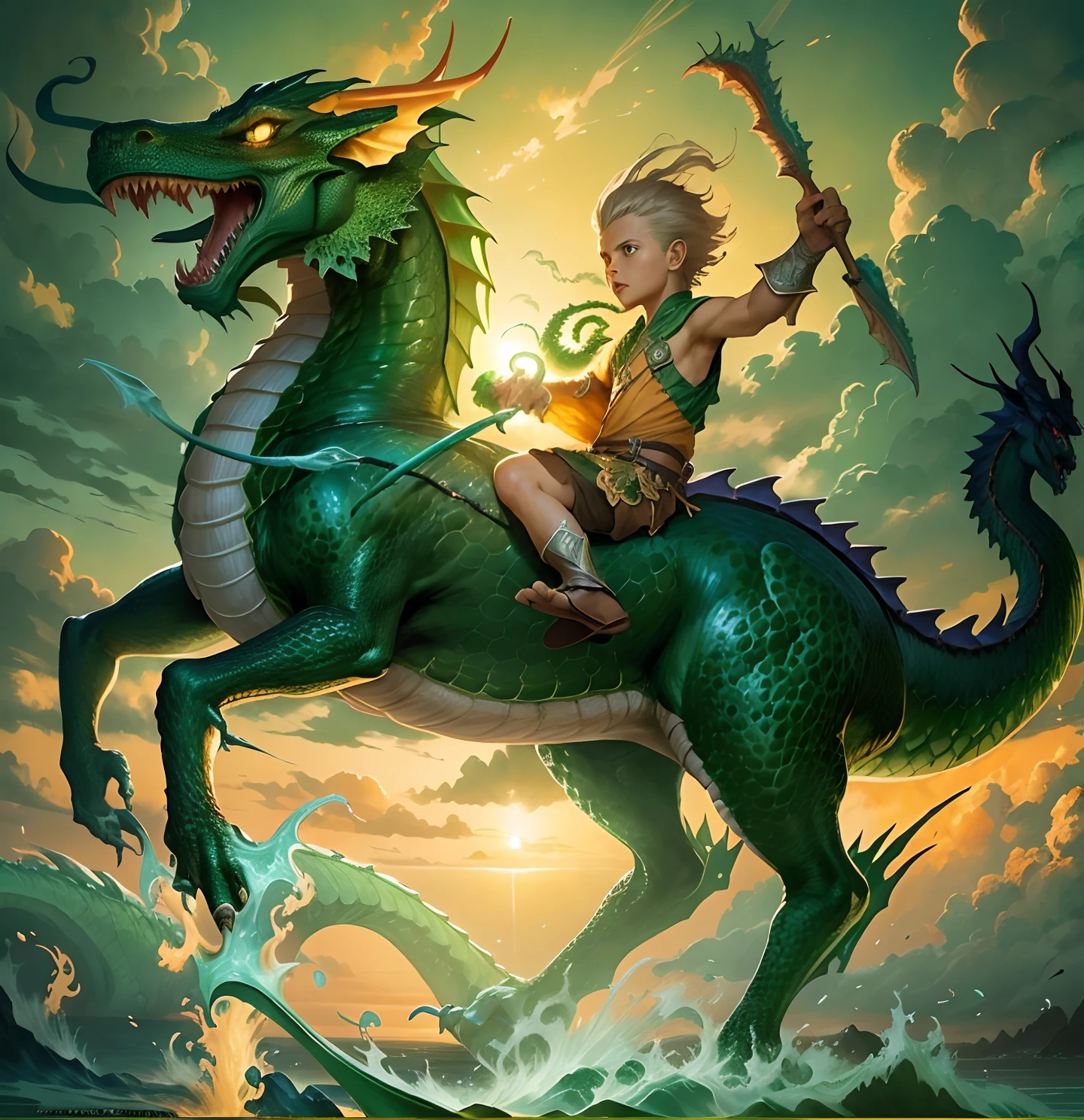 Close-up of a child riding a green dragon on the beach, Dragon Rider, epic fantasy digital art style, Dragon Ride, by Yang J, Rob Ray, epic fantasy art style, Epic Fantasy Illustration, By Jeremy Chong, tithi luadthong, Ross Tran and Michael Whelan, fantasy art behance, by Bayard Wu, by Ryan Yee