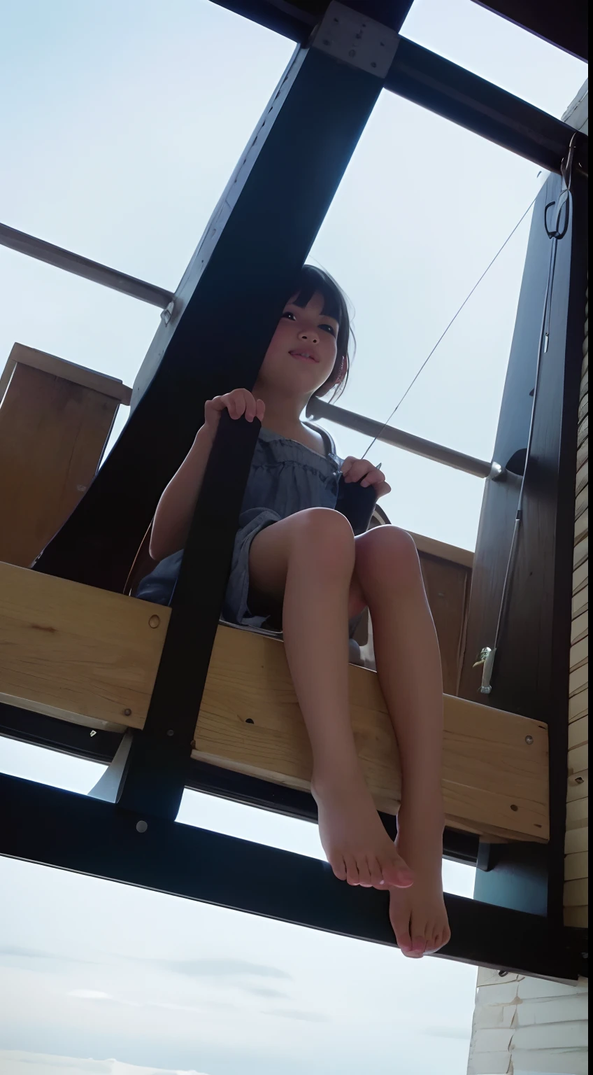 Little girl on top，Looking down，from below，White light panties，Flat sandals，Three-point underwear，sitting on a swing，Crotch view，bottom angles，Mocking expressions，Smiling，White light bandeau，Large angle upward view，Sky background or ceiling background