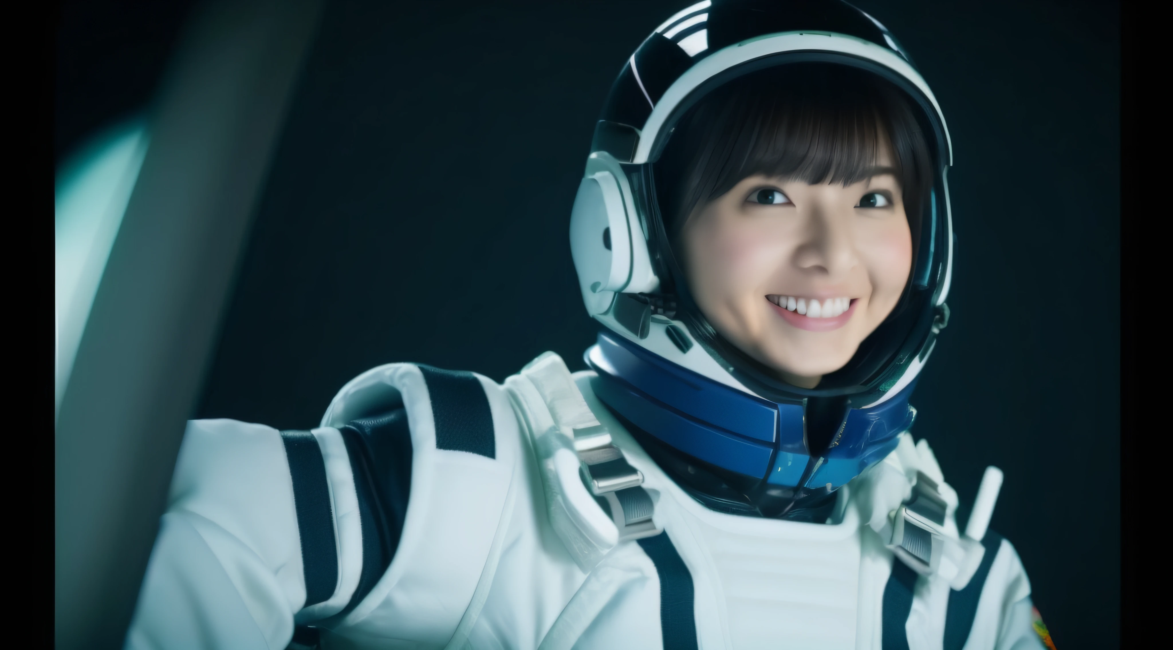 (((Super Detail))), Best Quality,One Japan Woman、Spacewalk in spacesuit、The body floats in zero gravity、Black hole in the background、A dark-haired、longeyelashes, Solid Circle Eyes, lightsmile, surrealism, drop shadow, anaglyph, The best full-length images in 8K