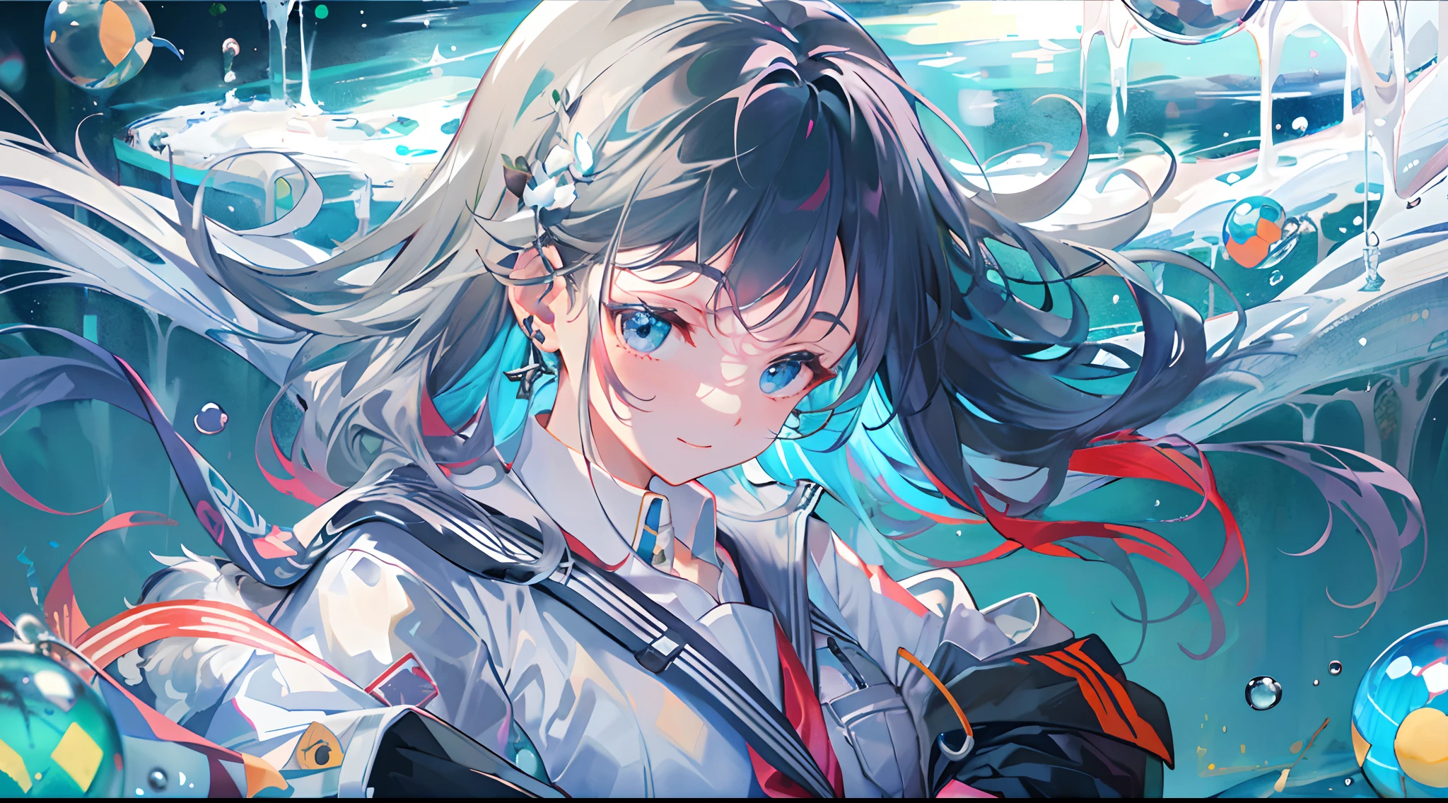 ((top-quality)), ((​masterpiece)), ((ultra-detailliert)), (extremely delicate and beautiful), girl with, 独奏, cold attitude,((Black jacket)),She is very(relax)with  the(Settled down)Looks,A dark-haired, depth of fields,evil smile,Bubble, under the water, Air bubble,bright light blue eyes,Inner color with light blue hair and dark blue tips,Cold background,Bob Hair - Linear Art, shortpants、knee high socks、White uniform like school uniform、Light blue ribbon ties、Clothes are sheer、Hands in pockets