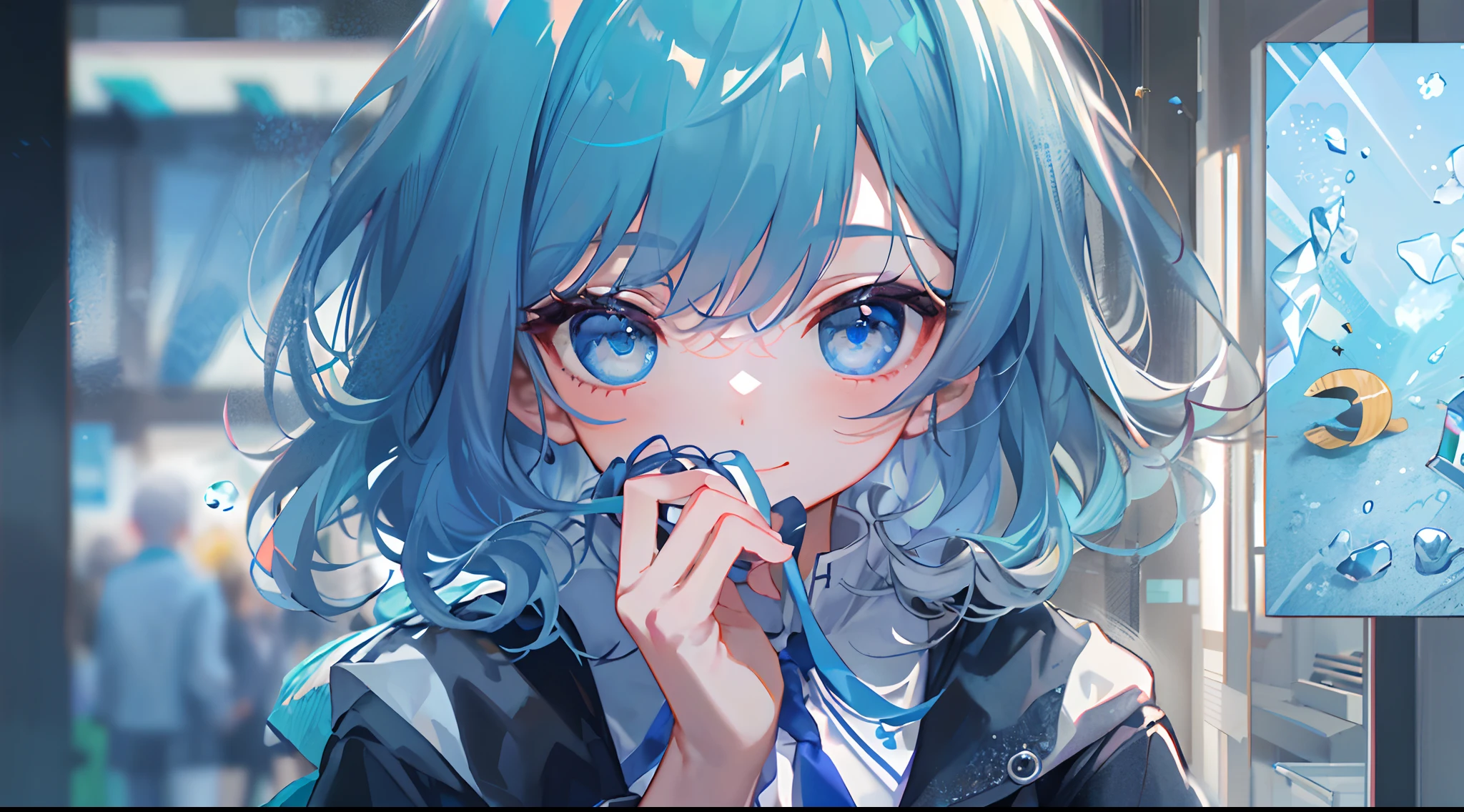 ((top-quality)), ((​masterpiece)), ((ultra-detailliert)), (extremely delicate and beautiful), girl with, 独奏, cold attitude,((Black jacket)),She is very(relax)with  the(Settled down)Looks,A dark-haired, depth of fields,evil smile,Bubble, under the water, Air bubble,bright light blue eyes,Inner color with light blue hair and dark blue tips,Cold background,Bob Hair - Linear Art, shortpants、knee high socks、White uniform like school uniform、Light blue ribbon ties、Clothes are sheer、Hands in pockets