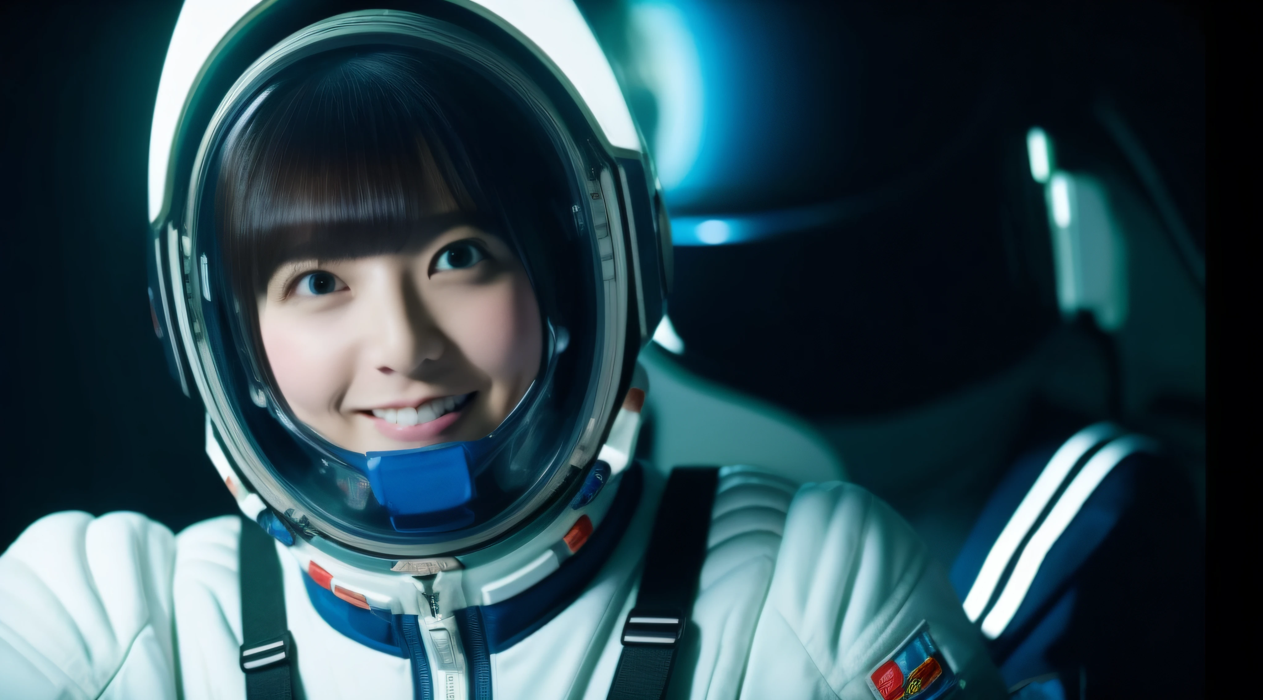 (((Super Detail))), Best Quality,One Japan Woman、Spacewalk in spacesuit、The body floats in zero gravity、Black hole in the background、A dark-haired、longeyelashes, Solid Circle Eyes, lightsmile, surrealism, drop shadow, anaglyph, The best full-length images in 8K