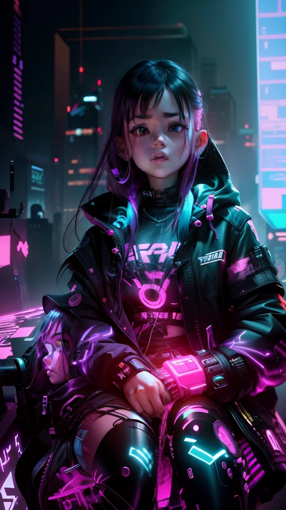 toddler, cyberpunk, neon, 8k, --v 4 change background cyberpunk , realistic face, 8k, ultra realistic Cartoon qut girls