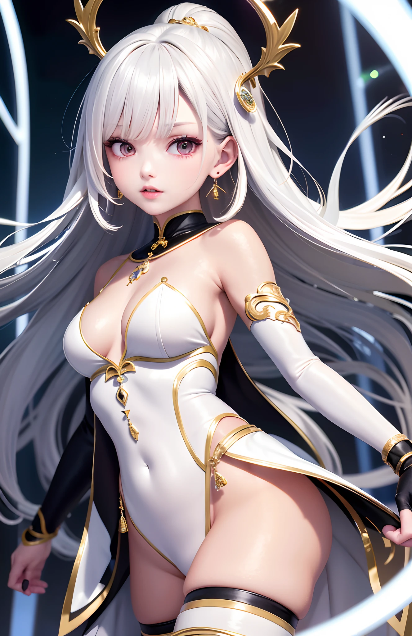 optimum,tmasterpiece,A high resolution,best qualtiy,hyper HD,super detailing,Award-Awarded,16k,独奏,(The upper part of the body),anatomy correct,Beautiful cyberpunk girl,cute face,,Gradient Beige Hair,Hairline,((Scarlet eyes)),long eyelasher,Hanging eye corners,White skin of the,(small boobs),(Slim body),((Women's super cropped shawl coat)),((tutu)),ear studs,(neck rings),(Laser material clothing:1.2)