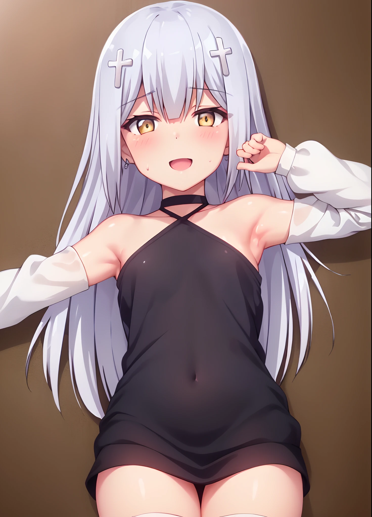 1girl, long_hair, solo, red_bowtie, red bow, hair_ornament,  yellow_eyes, open_mouth, eye_focus, cross_hair_ornament, x_hair_ornament, color contact lenses, lace trim, drop earrings, necklace, heart hair ornament, feather hair ornament, thighhighs, cat pose,,(illustration:1.1),(best quality),(masterpiece:1.1), masterpiece, (((detailed fingers))best quality, highly detailed, masterpiece, best quality, 1girl, solo, barefoot, blue shirt, long sleeves, blush, feet, toes, looking at viewer, , Naked, NSFW, (high resolution), (masterpiece:1.6, best quality), (finely detailed beautiful eyes: 1.2), ultra-detailed, (extremely detailed CG unity 8k wallpaper), (masterpiece), (best quality), (ultra-detailed), (best illustration), (best shadow), (absurdres), (detailed hand), solo, looking at viewer, smile, presenting armpit, armpit, arm up, lumen reflections, natural lighting, evocative, triadic color scheme, cowboy shot, elegant, voluptuous:0.6, looking at viewer, female, solo, blush, open mouth, smile, teeth, bare shoulders, arms behind head, navel, solo, barefoot, looking at viewer, thighs, parted lips, arms up, topless, 1girl, armpits, (small breasts), ((naked)) (nipples), Exposed side breasts, raised arms showing sweaty armpits, shy, (intricate details), colorful, full-body portrait, capture excellent full-body shots, (white bed sheet:1.2), dakimakura, lying on bed, detailed feet, on back, (crotch), (groin), (finely detailed eyes and detailed face:1.3), (skindentation), lustrous skin, wide hips, anime nose, toddler face, (tsurime:1.3, eyeliner, sharp eyelashes:1.2, solid eyelid), messy hair, unkempt, (wet body), (dripping sweat), choker, bare shoulders, see-through, emotionless face, naughty face,