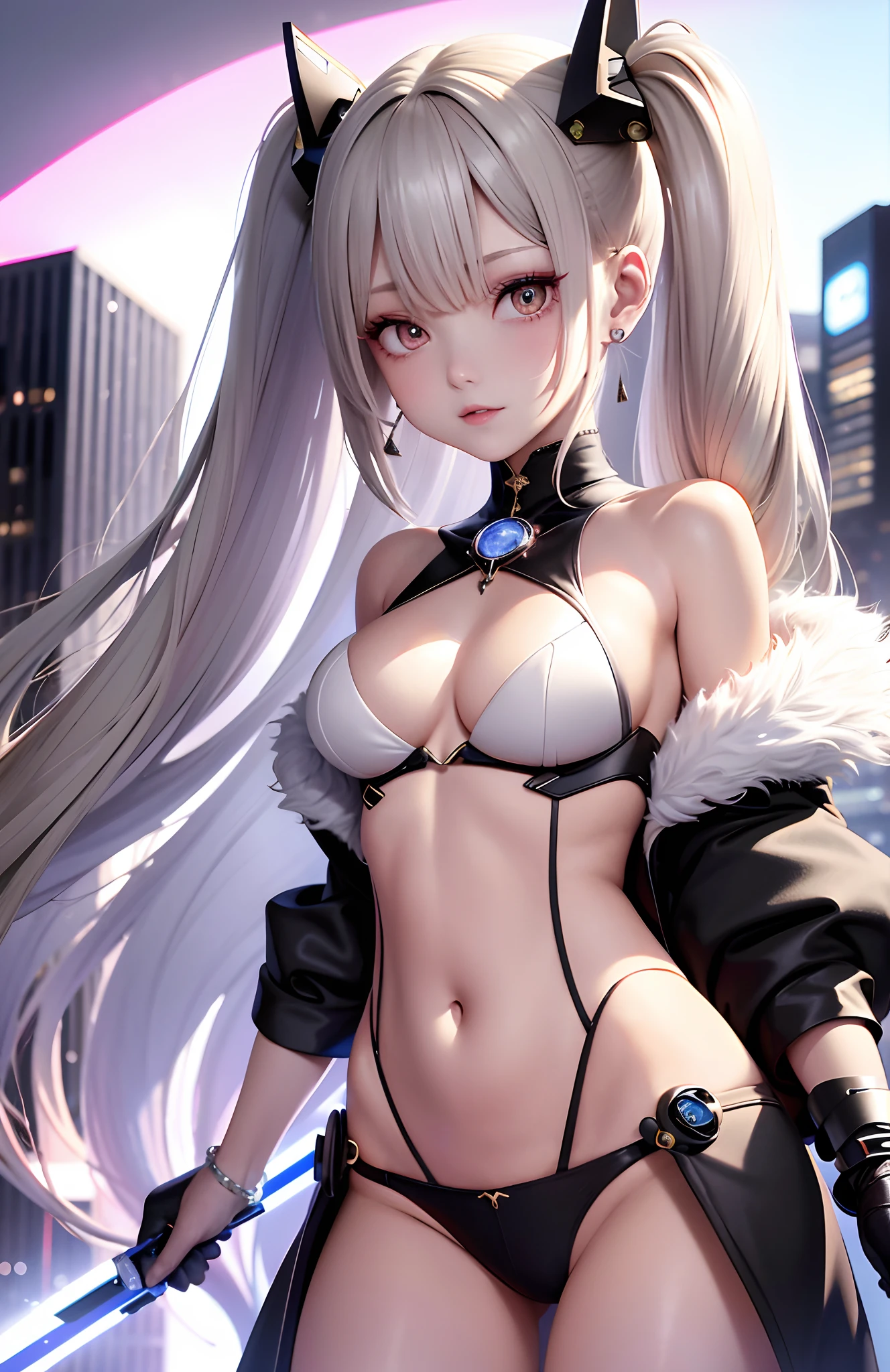 optimum,tmasterpiece,A high resolution,best qualtiy,hyper HD,super detailing,Award-Awarded,16k,独奏,(The upper part of the body),anatomy correct,Beautiful cyberpunk girl,cute face,,Gradient Beige Hair,Hairline,((Scarlet eyes)),long eyelasher,Hanging eye corners,White skin of the,(small boobs),(Slim body),((Women's super cropped shawl coat)),((tutu)),ear studs,(neck rings),(Laser material clothing:1.2)