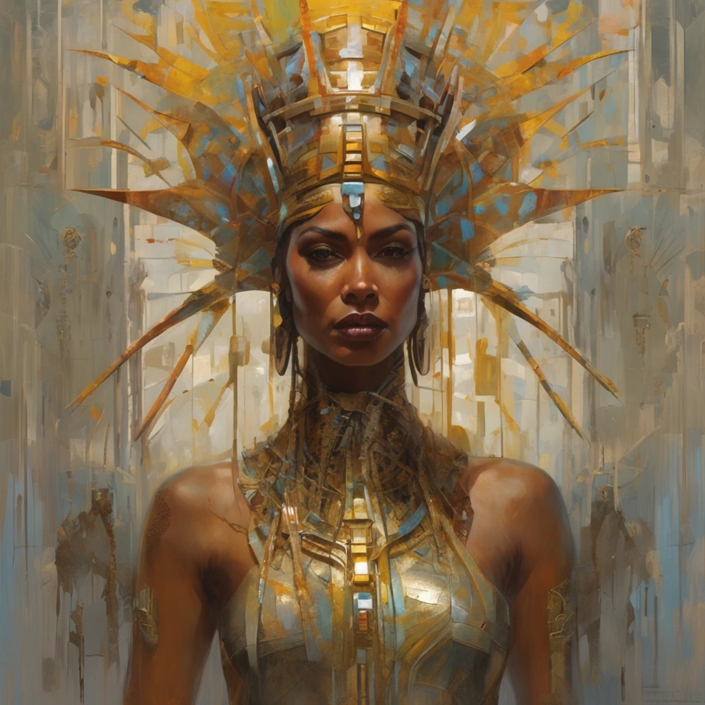 futuristic indigenous futurism,actress priyanka chopra as An advanced cybernetic cyborg indian Hindu goddesses of war, sensuality,artistic details,cyberpunk hindu mythology,epic sci-fi fantasy, centered,in the style of Nick Alm fantastical futuristic fantasy compositions, dark prism, dark, metallic compositions, symmetrical arrangements, cybernetic ethereal iridescent metallic colors , distinctive noses, ethereal,blood splatter colorful, eye-catching metallic compositions, symmetrical geometry, distinctive noses, gothic references, with a bold lines and streaks of black,white,red, gold and silver, fantasy sci-fi art, a detailed painting, ,Alex Alemany merge Karol Bak