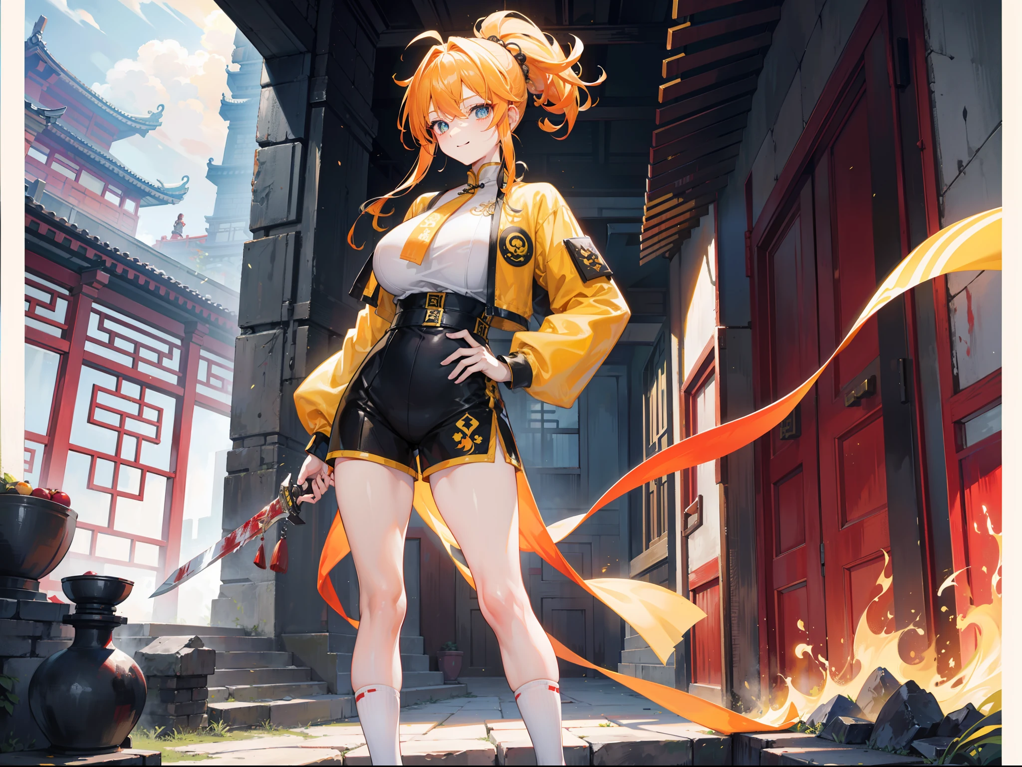 Beautiful girl with orange-yellow hair color，curlies，High ponytail，Wearing an antique yellow and white long-sleeved training uniform，Hidden knives in clothes，open waist，Wear yellow-black shorts，long white socks，Black cloth shoes，assassins，Sunny smile，Tall and tall，Standing in an ancient Chinese courtyard full of corpses and blood，dark stormy clouds，China-style，huge tit，抖S，Full body photo，Extremely thin，extremely hyper，long white socks，assassins，The legs are very thin，Best quality at best，High- sharpness，tmasterpiece，Blood-stained sword in hand，His body was covered in blood，Sick，Heterochromic pupils，morbid，Murderer，Extremely tall