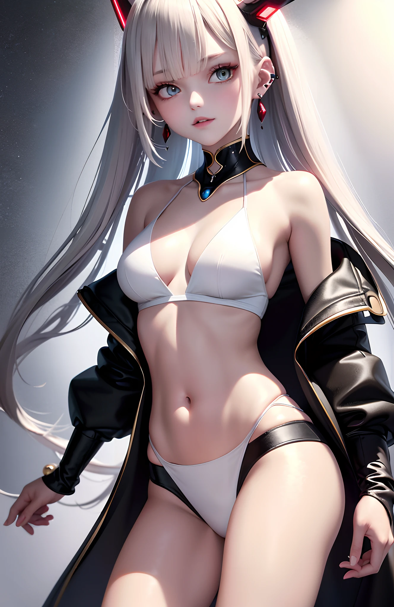 optimum,tmasterpiece,A high resolution,best qualtiy,hyper HD,super detailing,Award-Awarded,16k,独奏,(The upper part of the body),anatomy correct,Beautiful cyberpunk girl,cute face,,Gradient Beige Hair,Hairline,((Scarlet eyes)),long eyelasher,Hanging eye corners,White skin of the,(small boobs),(Slim body),((Women's super cropped shawl coat)),((tutu)),ear studs,(neck rings),(Laser material clothing:1.2)