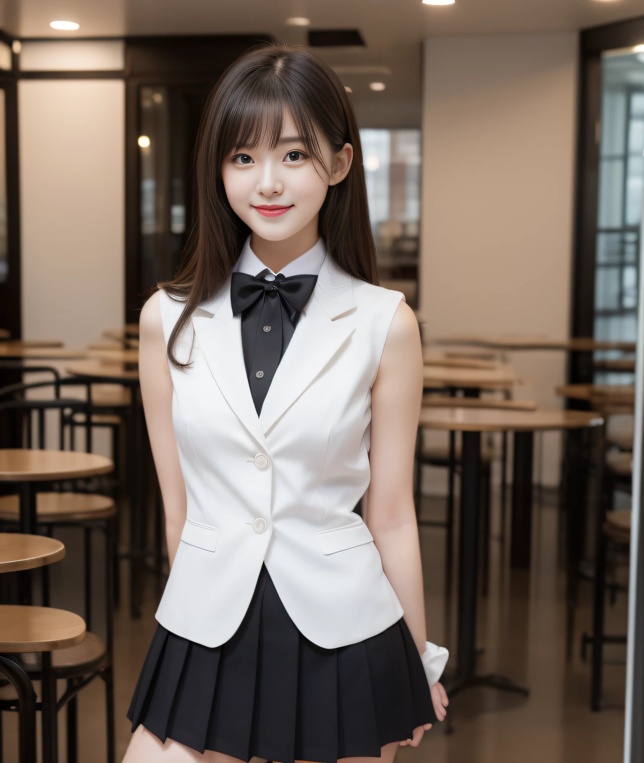 ((Best Quality, 8K, Masterpiece: 1.3)), a beauti, In addition, melon face, Friendly and cute, sweet smile, Pure desire, Slender body, (s whole body), (tilted head), ((looking at camera)), Medium Black Silky Straight Hair, Long flowing shoulders, round black big eyes, clear big eyes, moist red lips, Cafe shop background, ((full body shooting)), (Peru Blazer, bows, Sock, High School Uniform: 1.2, ), (Middle breast)