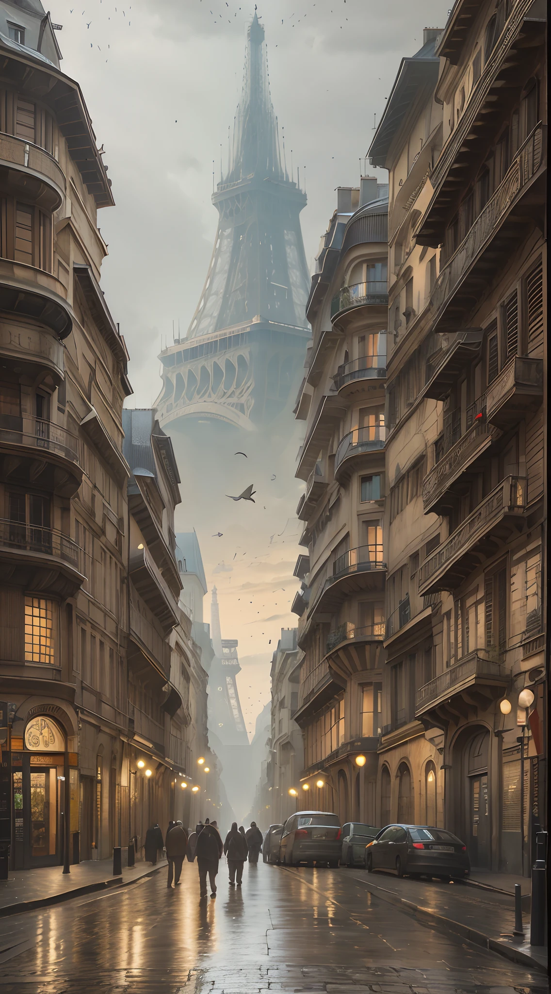 Paris streets，Gothic buildings on both sides，At the end of the road is the huge Eiffel Tower base，Only the lower half of the Eiffel Tower，Gray。