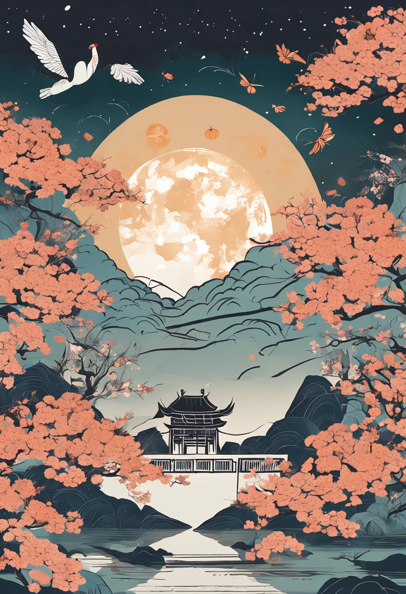 Mid-Autumn Festival,court,Chang'e,Chinese painting style,classical,Clear lines,Neutral colors