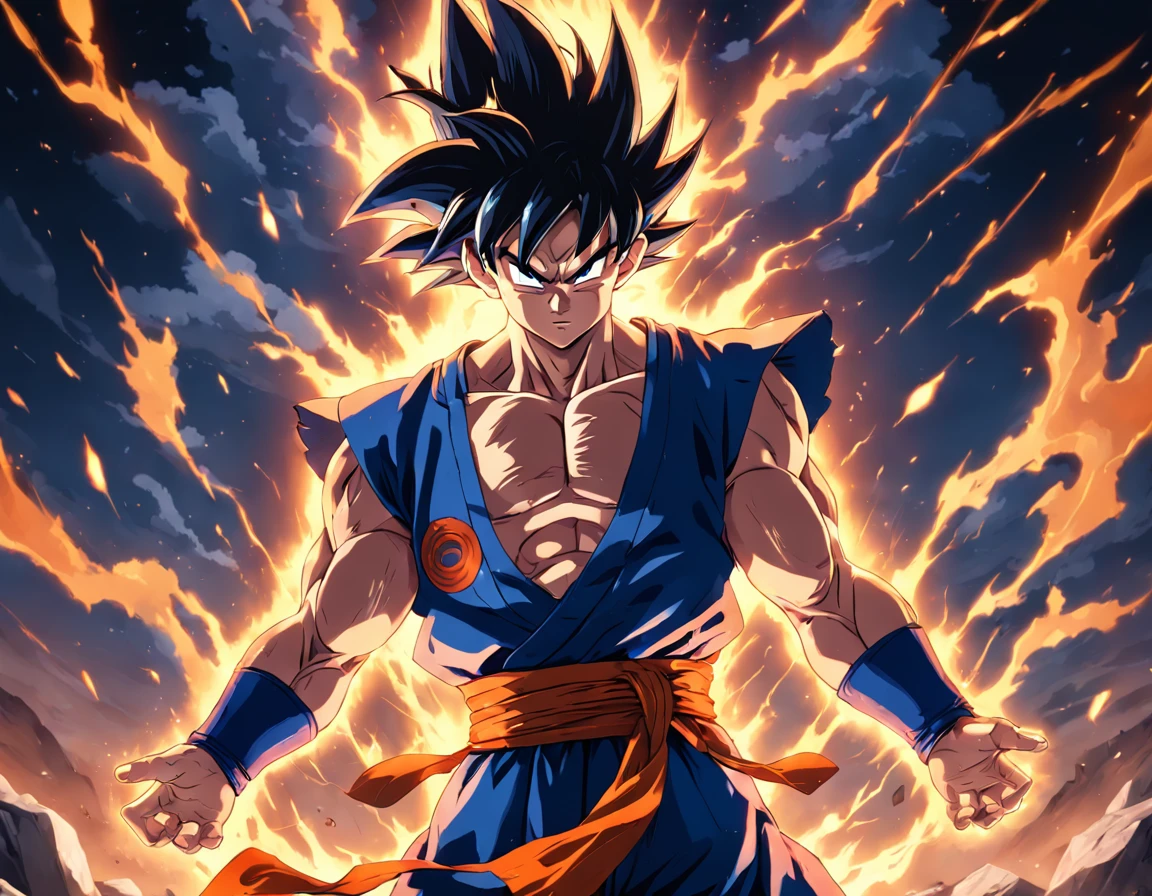 "Goku and Okuyasho merged into an epic, detailed image. Mastery in quality and lighting. Stunning and impactful scenery. Dynamic and powerful action. Improved shadow and light effects. High resolution masterpiece. State-of-the-art CG art. Incredible and immersive result.+"