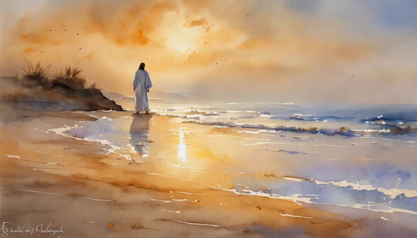 Jesus Christ standing on the beach, olhando para o horizonte do mar. He wears a white tunic with a golden band at the waist. His face has an expression of peace and wisdom. The wind swings her long light brown hair. At his side is one of his disciples, olhando admirado para Jesus. The disciple has dark hair and beard. They're both barefoot in the soft sand. The sky at dusk is in orange and purplish hues. The sea is calm with gentle waves. The water reflects the light of the sunset in golden tones. The scene conveys tranquility and connection with nature. It is photographed with soft focus, cores vibrantes e profundidade., Thick fog on the ground, Luz azul no horizonte, Motor Unreal 5, cinemactic, Low-angle photography, motion blur, profundidade de campo, dust, Cobblestones and dirt. Arte Splash, pingando tinta. Perfect color classification. influenciado por karel Appel e jeremy mann, Full of dramatic and threatening scenes, hiper-detalhado, Beautiful, detalhes insanos, detalhes intrincados, fotografia editorial, Fotografado com uma lente de 50mm, profundidade de campo, Tilt Blur, velocidade do obturador 1/1000, F/22. Mapas de luz, super brilhante