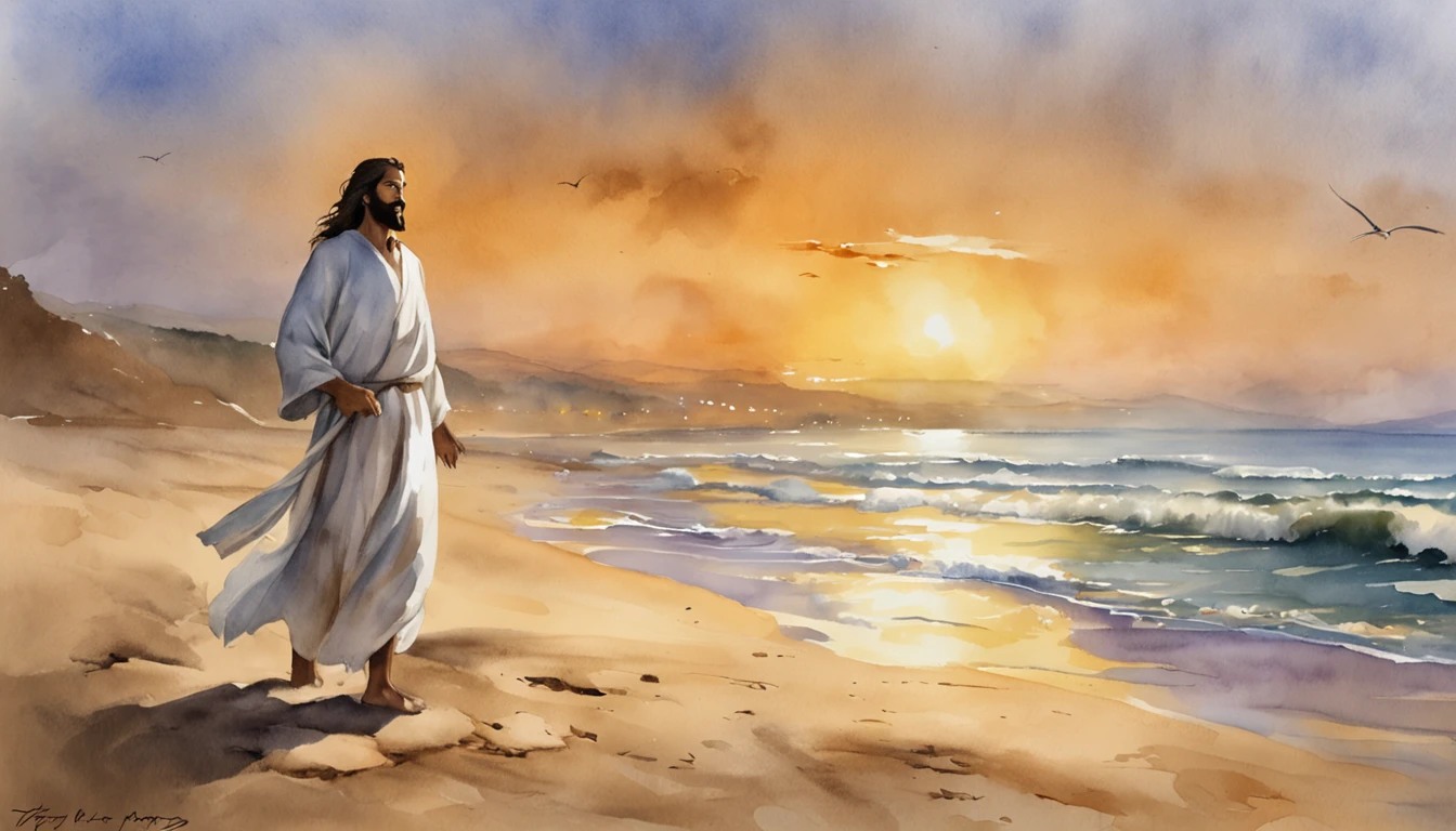 Jesus Christ standing on the beach, olhando para o horizonte do mar. He wears a white tunic with a golden band at the waist. His face has an expression of peace and wisdom. The wind swings her long light brown hair. At his side is one of his disciples, olhando admirado para Jesus. The disciple has dark hair and beard. They're both barefoot in the soft sand. The sky at dusk is in orange and purplish hues. The sea is calm with gentle waves. The water reflects the light of the sunset in golden tones. The scene conveys tranquility and connection with nature. It is photographed with soft focus, cores vibrantes e profundidade., Thick fog on the ground, Luz azul no horizonte, Motor Unreal 5, cinemactic, Low-angle photography, motion blur, profundidade de campo, dust, Cobblestones and dirt. Arte Splash, pingando tinta. Perfect color classification. influenciado por karel Appel e jeremy mann, Full of dramatic and threatening scenes, hiper-detalhado, Beautiful, detalhes insanos, detalhes intrincados, fotografia editorial, Fotografado com uma lente de 50mm, profundidade de campo, Tilt Blur, velocidade do obturador 1/1000, F/22. Mapas de luz, super brilhante