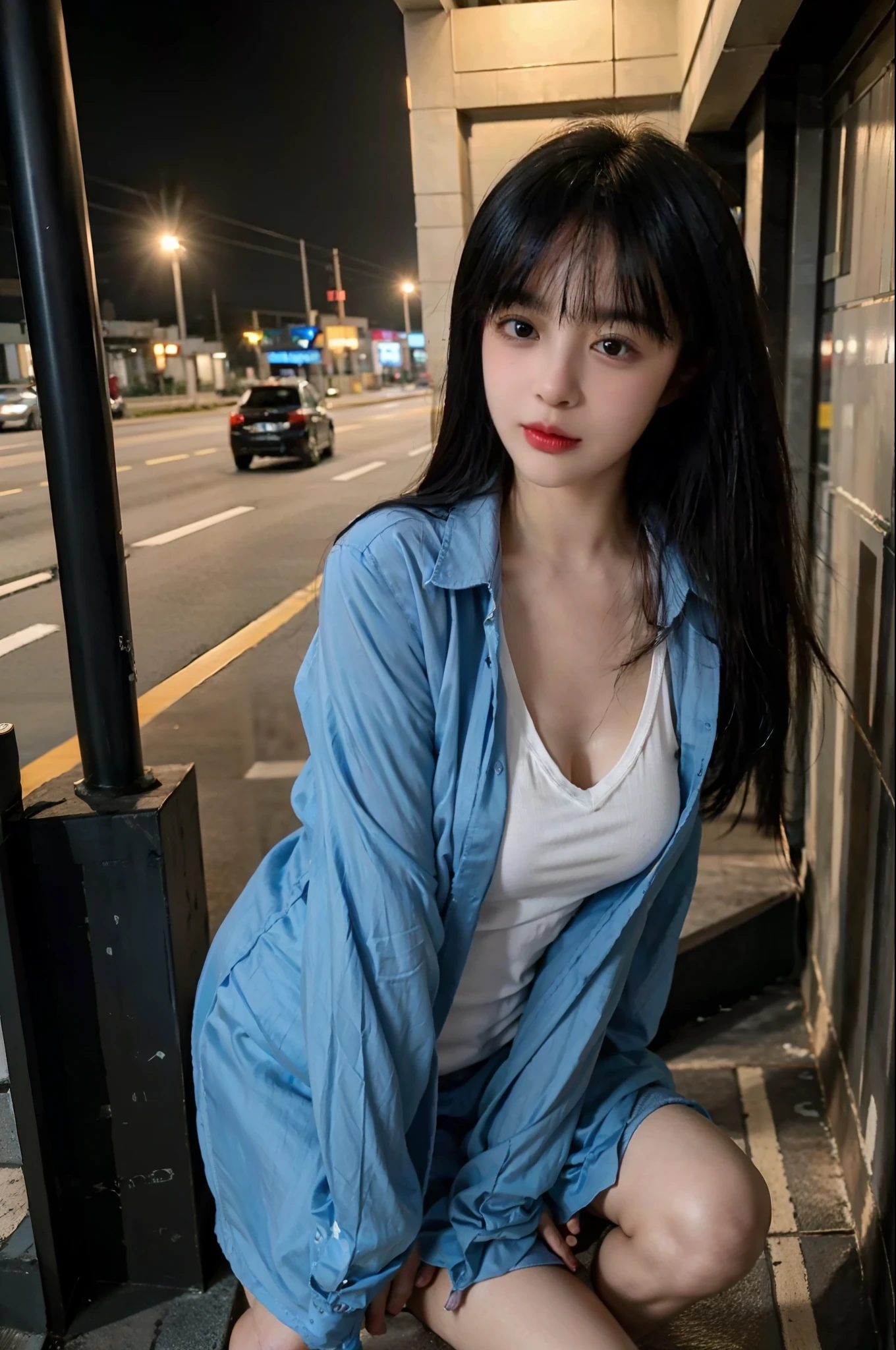 (8k, RAW photo, best quality, masterpiece:1.2), yjnn, 1girl, 3d, black hair, building, city, coat, looking at viewer,  realistic, shirt, solo,(realistic, photo realistic:1),