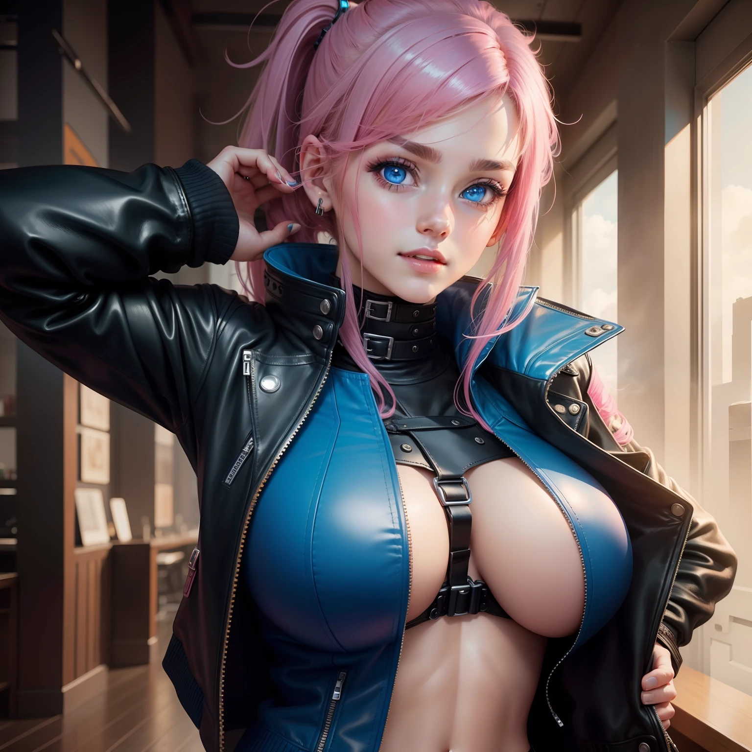 leather jackets Colossal tits 16Year old girl smil beautiful a girl top-quality masterpiece 超A high resolution leather pant blue eyess cyberpunked Pink hair blue eyess modeled
