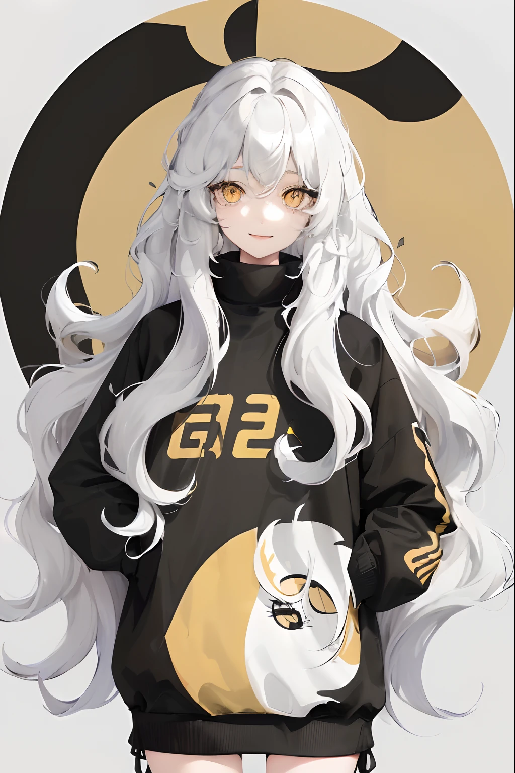 1woman, ((long wavy hair)), ((half of her hair is white and the other half of her hair is black split into two colors)), swept bangs, ((golden eyes)), smile, modern clothes
