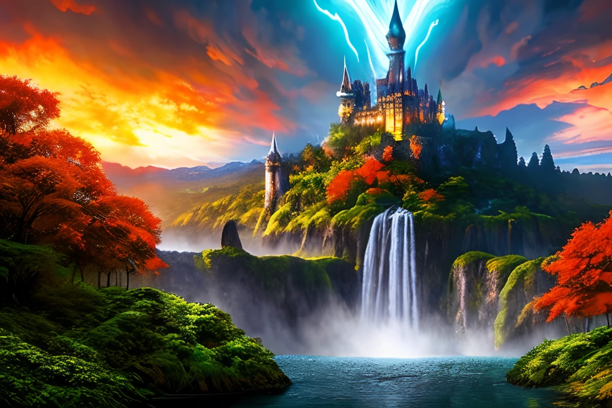 Masterpiece A beautiful giant castle with huge, detailed towers in a dark realm with lava everywhere and dragons with scales, olhos vermelhos e fogo cuspindo no ar tudo muito detalhado, This kingdom must have a waterfall coming out from under it some giant trees around this waterfall, There must be a magical giant entrance next to this waterfall, intrincado, master part, especialista, insanamente detalhado, 4k, compositing, enquadramento, Centrado, simetria, Pintado, intrincado, volumeric lighting, Beautiful, Cores profundas ricas, foco nítido, obra-prima ultra-detalhada no estilo de Dan Mumford e Marc Simonetti, astrofotografia(Ultra HD |)