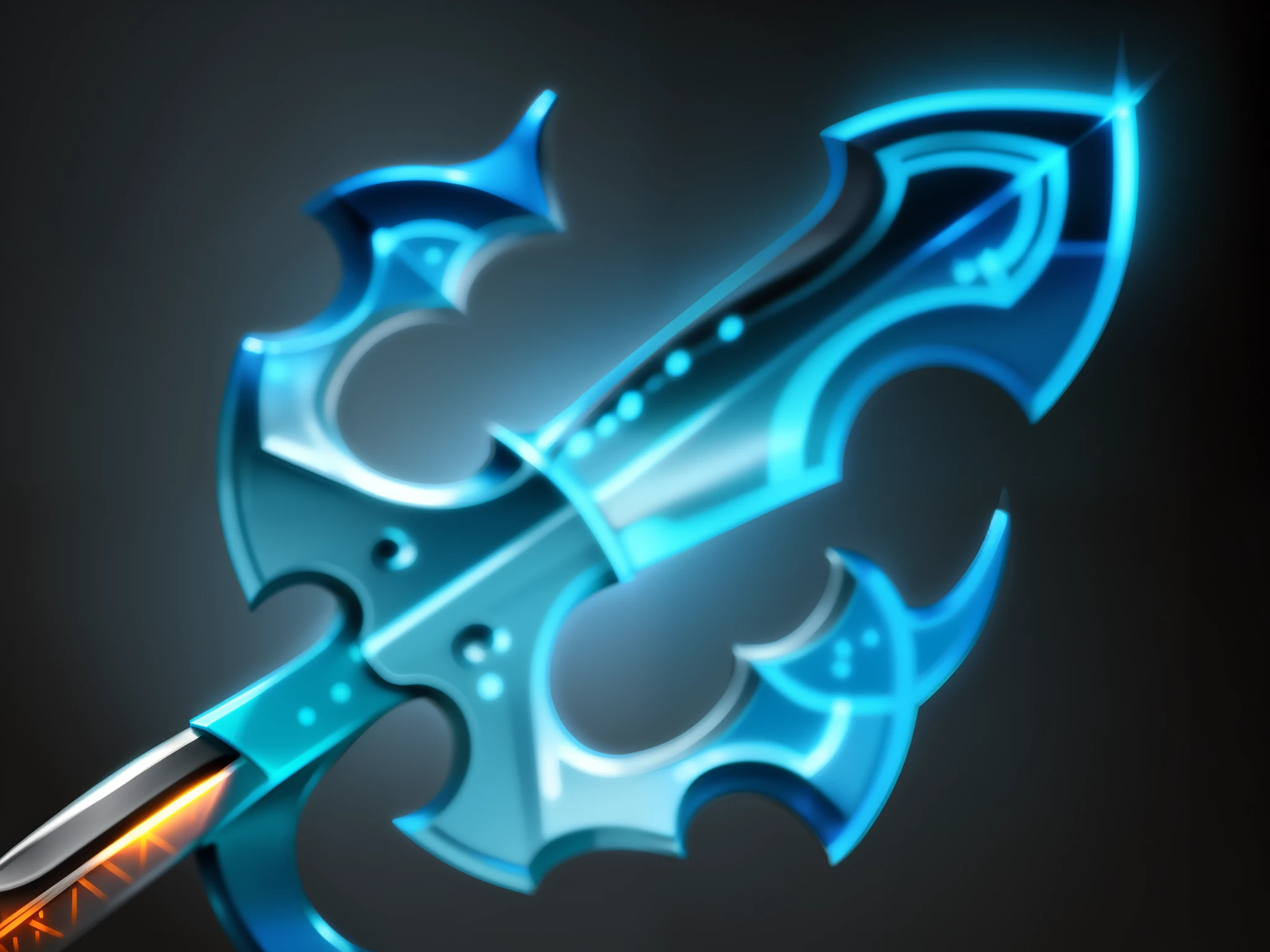 Trident close-up，Sharp metal trident，Light blue sharp blade，The surface of the blade has a blue glow，Brass grip