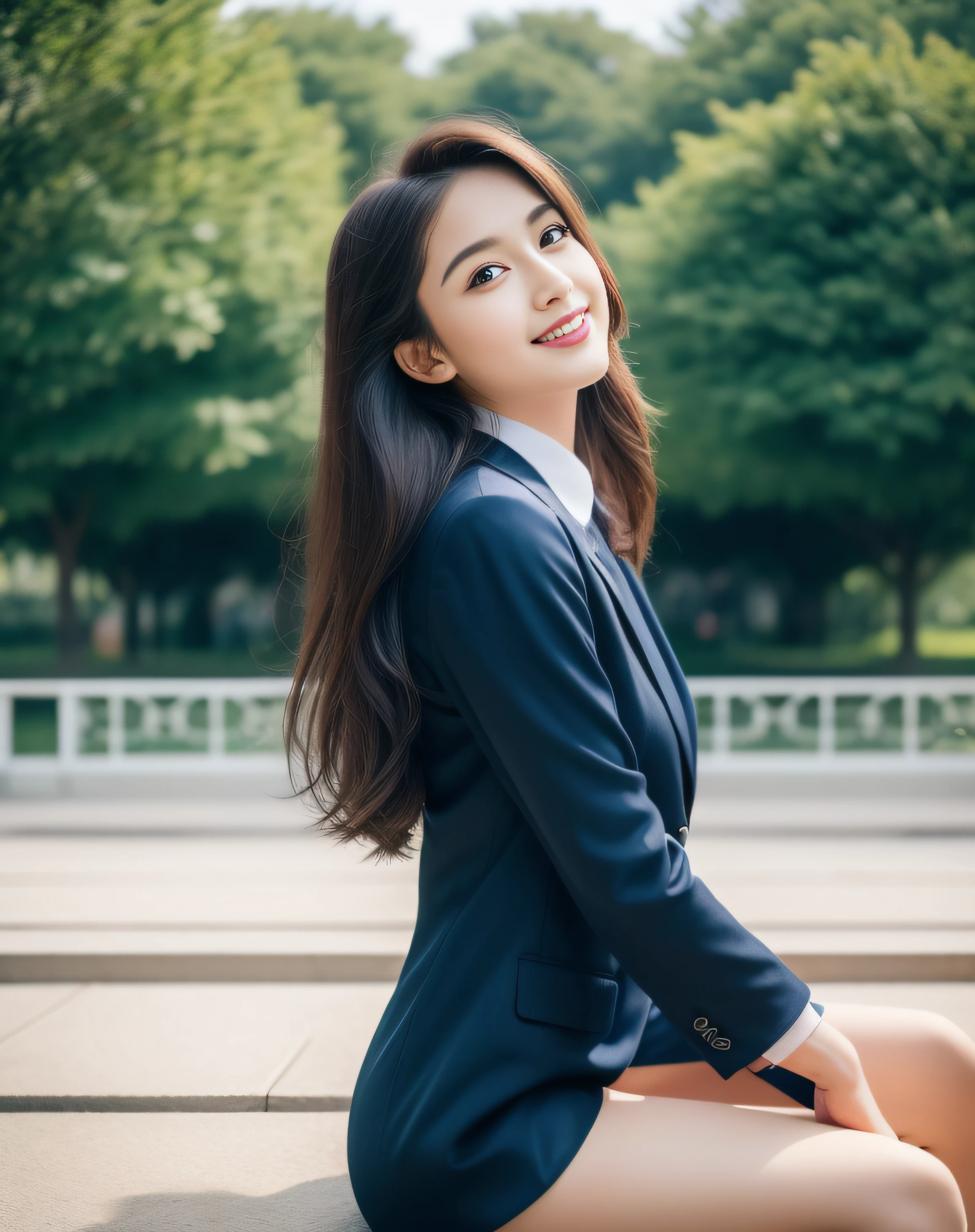 ((best quality, 8K, masterpiece: 1.3)), beautiful girl, pure, melon face, kind and cute, sweet smile, pure desire, slender body, (front), (tilted head), ((looking at camera)), ((back view)), wearing a navy blue suit, black silky long hair, long flowing shoulders, round black big eyes, clear big eyes, moist red lips, sweet, sitting on a terrace, park background , ((((whole body)))),