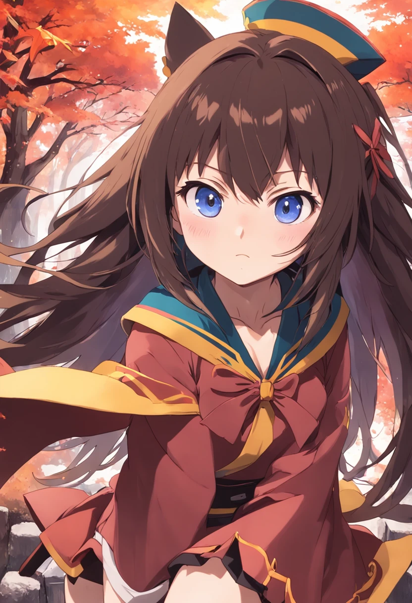 Megumin, anime konosuba, olhos vermelhos, cabelos castanhos curtos, in Japan, sakura