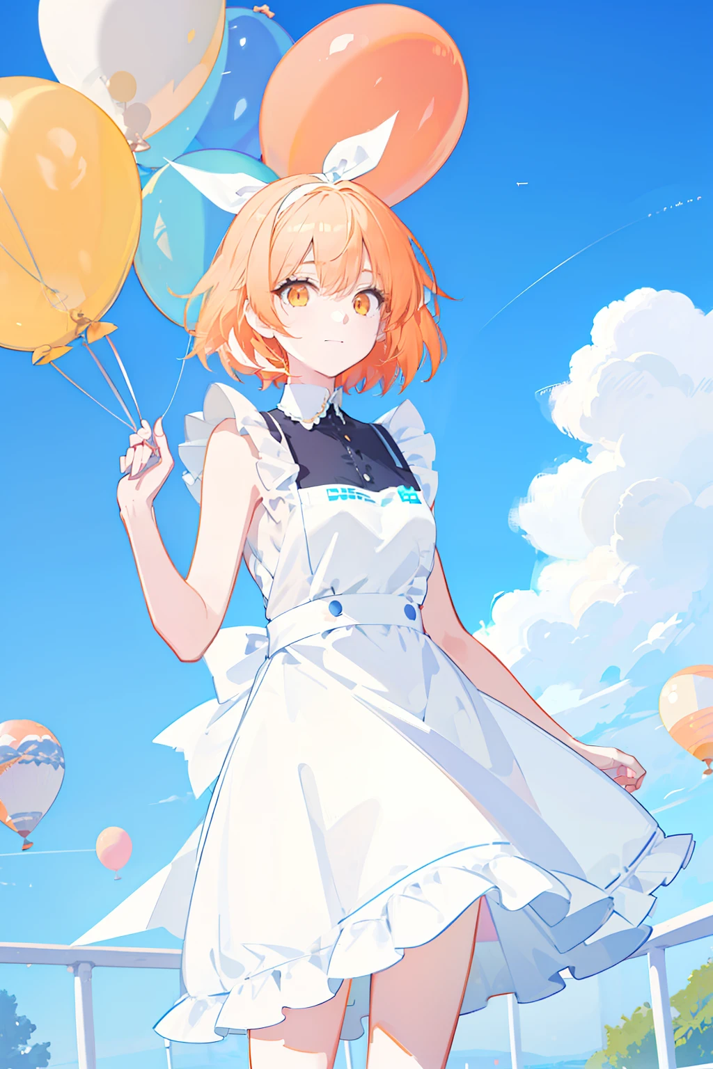 masterpiece, best quality, 1girl, solo, orange hair, short hair, shoulder-length hair, straight hair, orange eyes, round eyes, ((white ribbon hair band)), ((sky blue dress)), apron dress, ((white apron)), knee-length dress, frills, in the amusement park, in the noon, blue sky, clear sky, many balloons, orange balloons